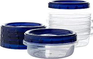 PLASTICPRO Deli Containers [8 oz 4 Pack] Clear Bottom with Blue Top Twist on Lids