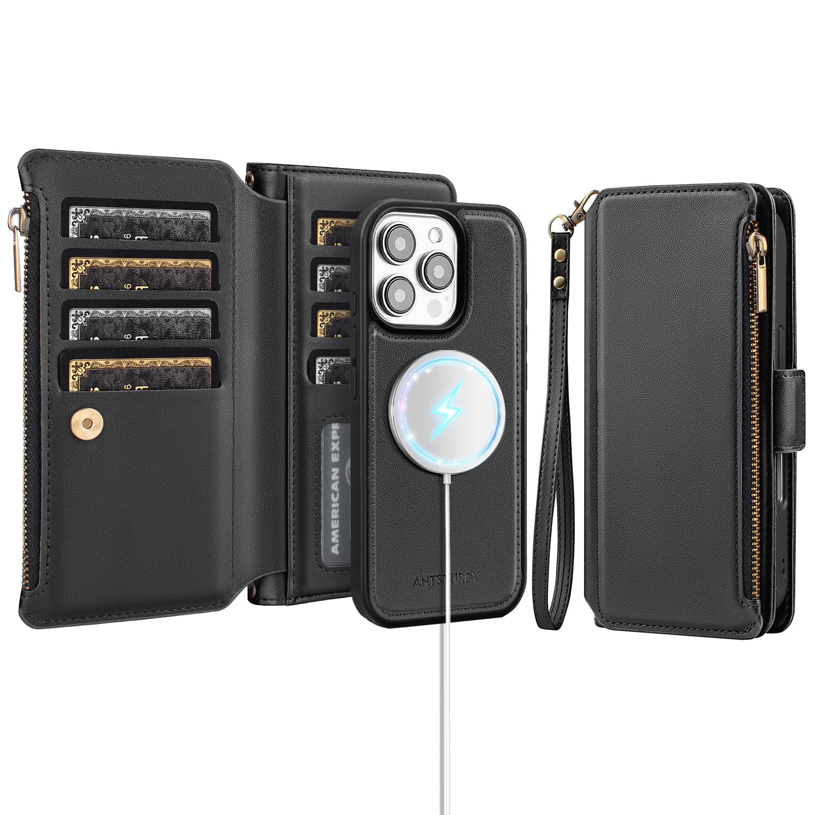 Antsturdy Compatible with Magsafe Magnetic 2 in 1 Detachable iPhone 16 Pro Max Wallet Case with Credit Card Holder Slots,PU Leather RFID Blocking