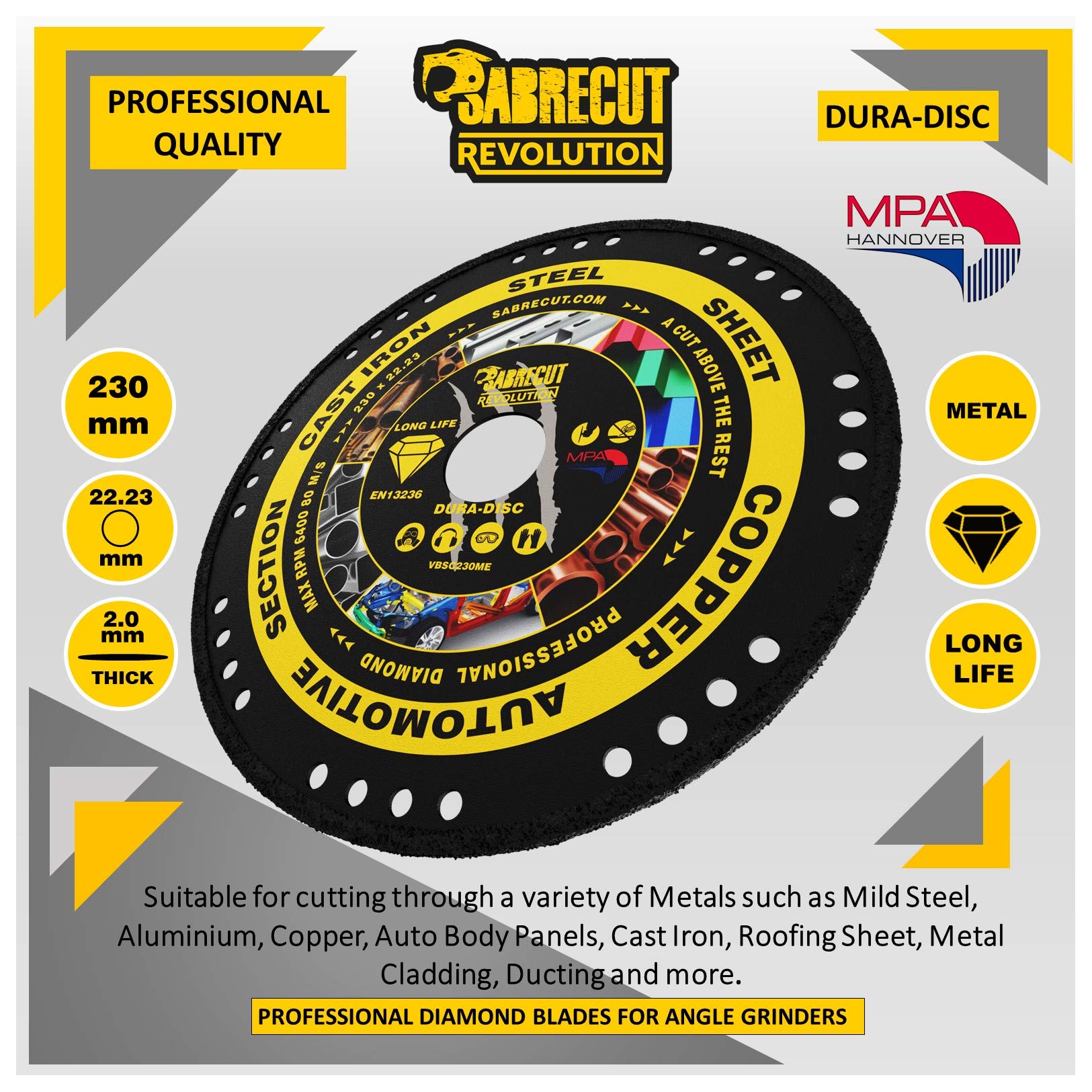 SabreCut 1pc VBSC230ME 230mm 22.23mm Eje Metal Disco sierra circular TCT | Industrial-grade vacuum-brazed diamond ofrece duradero corte en seco through ferrous y non-ferrous metals