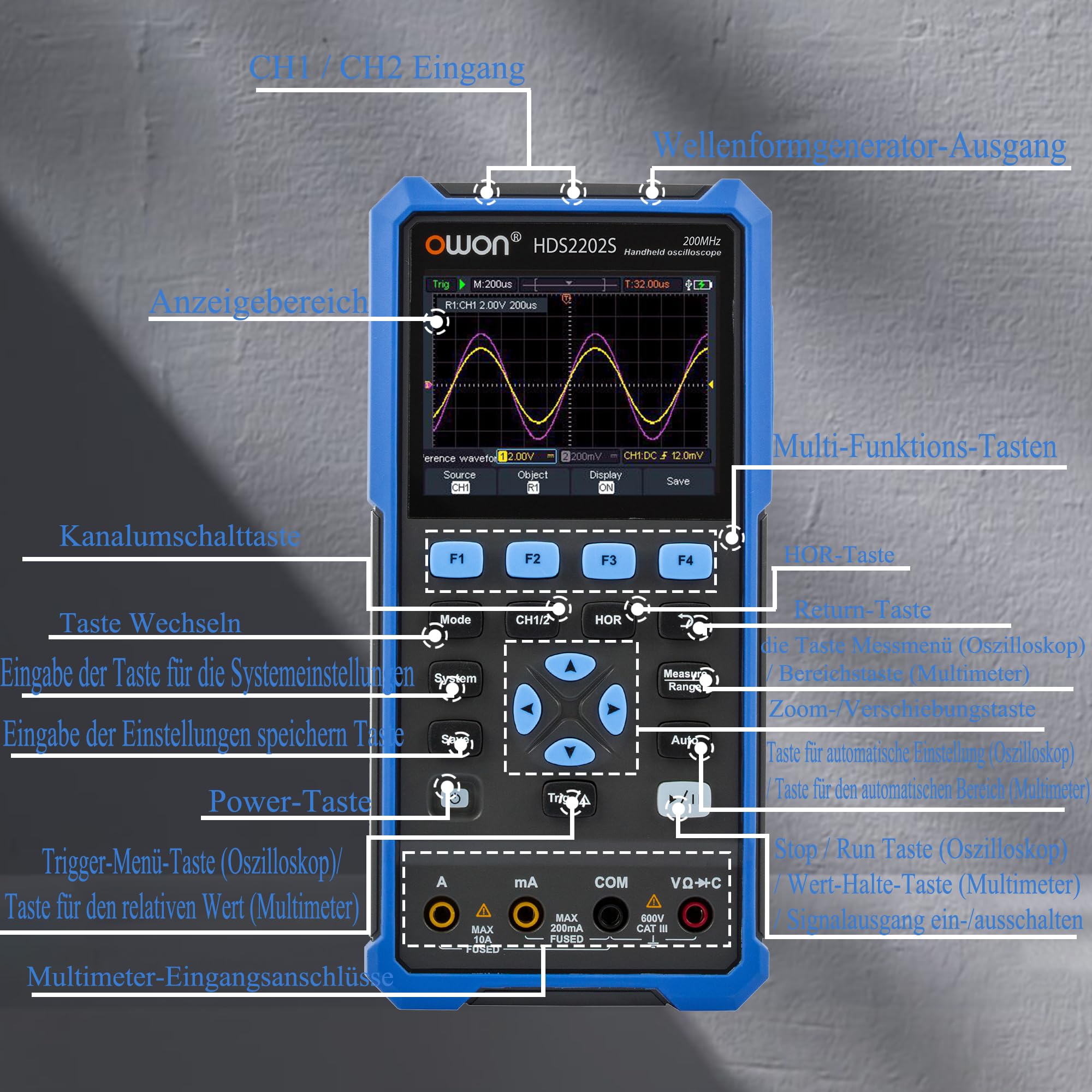 HDS2202S OWON oscilloscoop 3-in-1 handoscilloscoop 200MHz bandbreedte 1GS/s bemonsteringssnelheid 4 1/2 cijfers multimeter 25 MHz signaalgenerator 3 ,5 inch LCD met instelbare helderheid