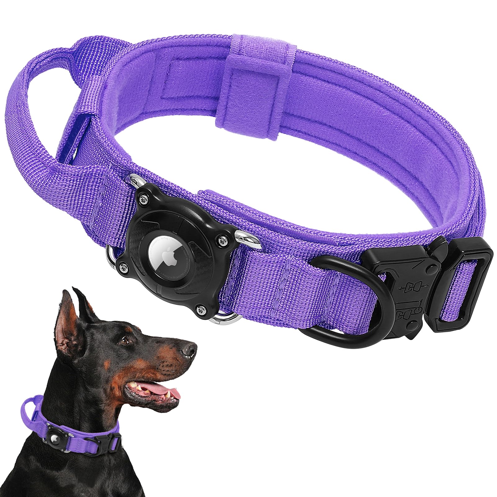 Collier étanche AirTag pour chien – Collier militaire tactique avec support en polycarbonate rigide sécurisé et poignée confortable pour chiens de taille moyenne et grande – Étiquette d'identification