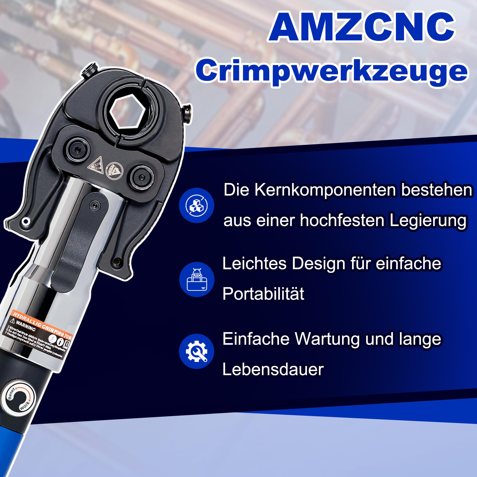 AMZCNC Rohrpresszange V Kontur 5 Pressbacken 12-28mm 80kN | Für Installateure & SHK Profis 360° schwenkbarer Presskopf für enge Arbeitsbereiche