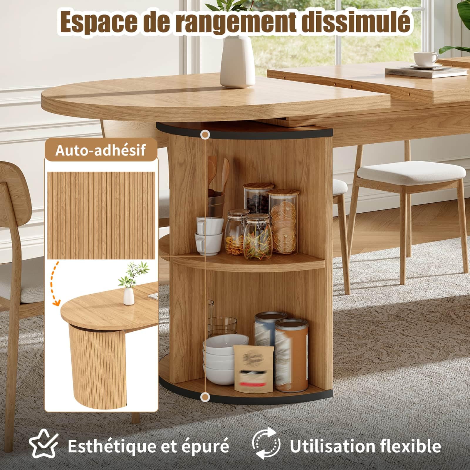 Sweiko Table à Manger Extensible avec Rangement Caché, Bureau Convertible avec Épais, Dining Table avec Pieds Rainurés, Meuble Gain de Place pour Salon, Cuisine