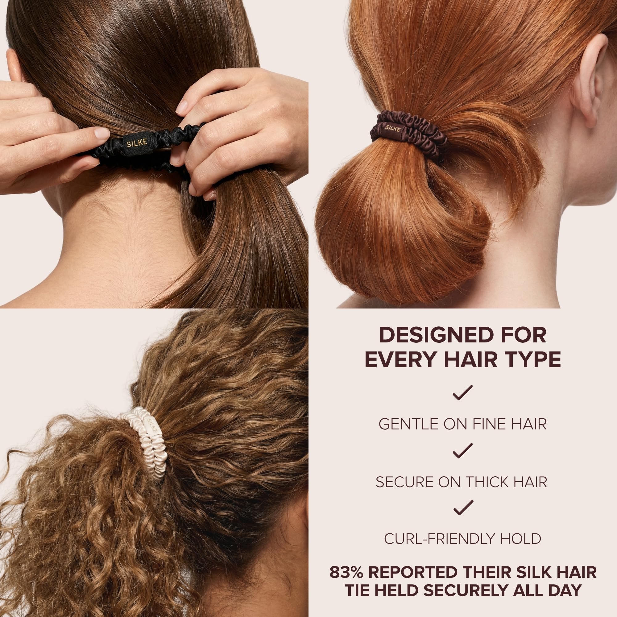 SILKE - Cintas para el cabello, coco, 100 % seda de lujo para el cabello, paquete de 6, lazos de seda para el cabello, sin daños, coleteros para mujeres, para todo tipo de cabello y estilos