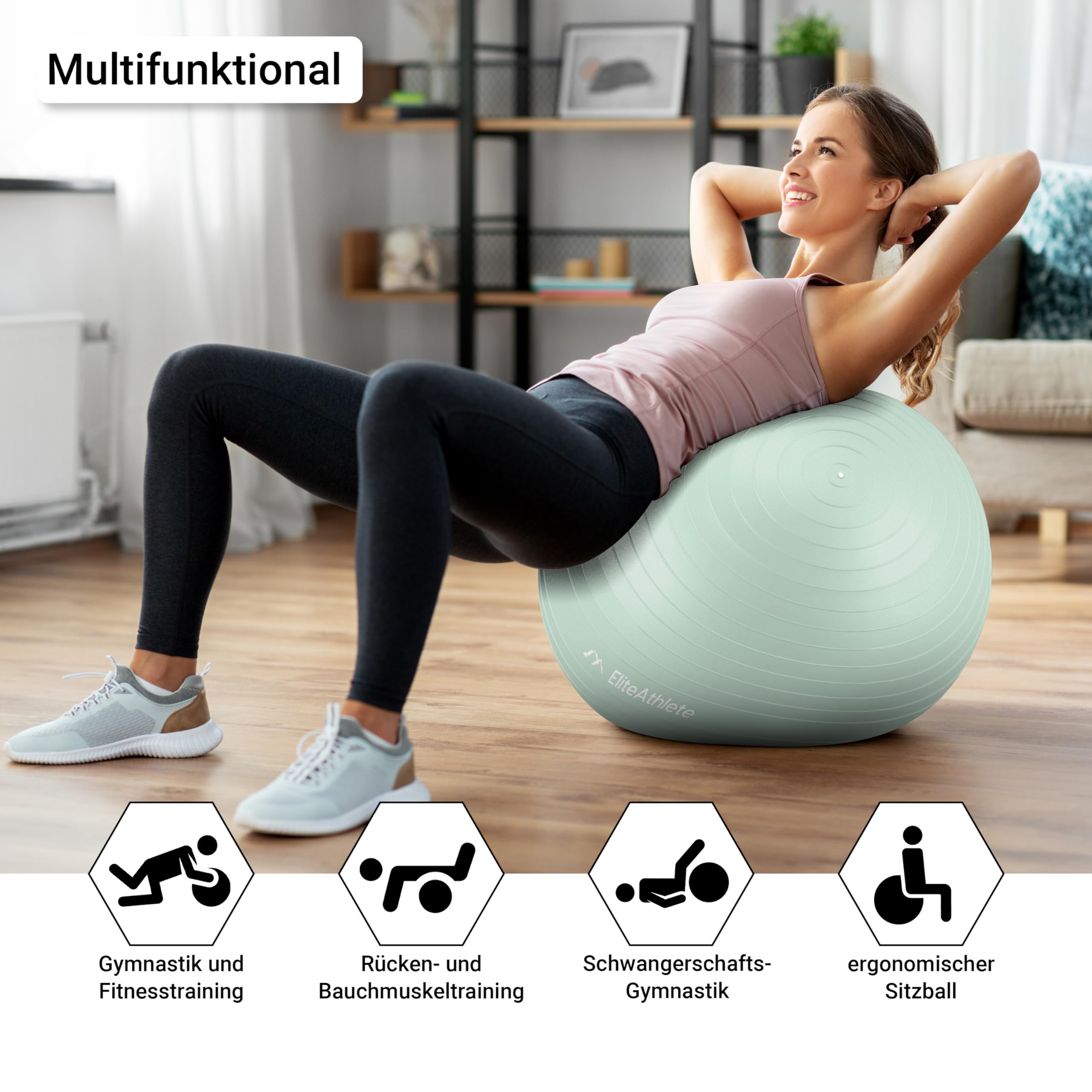 EliteAthlete Gymnastikball Sitzball Büro ergonomisch mit Anti Burst System - Fitness Pilates Schwangerschaft - Schwangerschaftsball Fitnessball Yogaball - Yoga Ball inkl. Luftpumpe