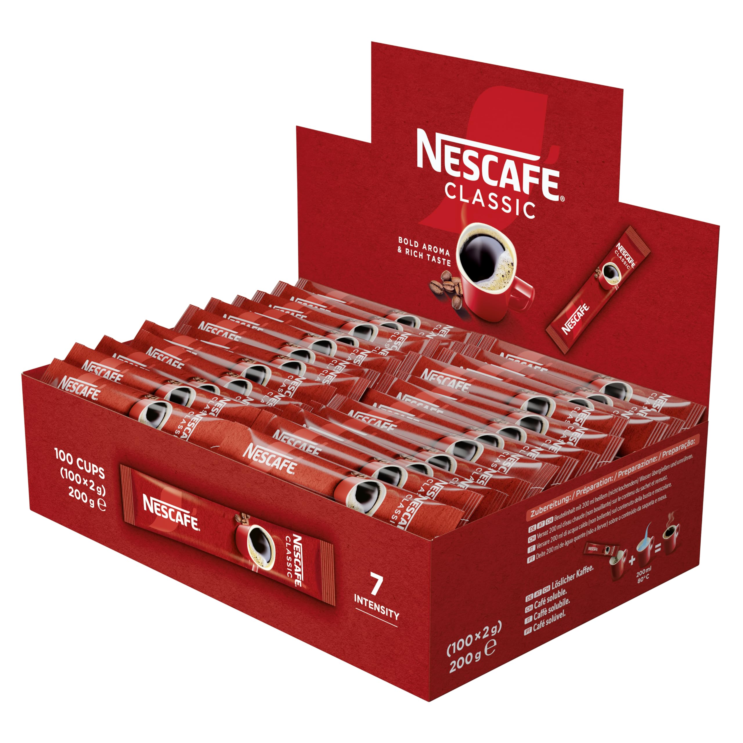 NESCAFÉ Classic Sticks, löslicher Bohnenkaffee in praktischen Einzelportionen, kräftiger Geschmack und intensives Aroma, 200g, 100er Pack (100 x 2g)