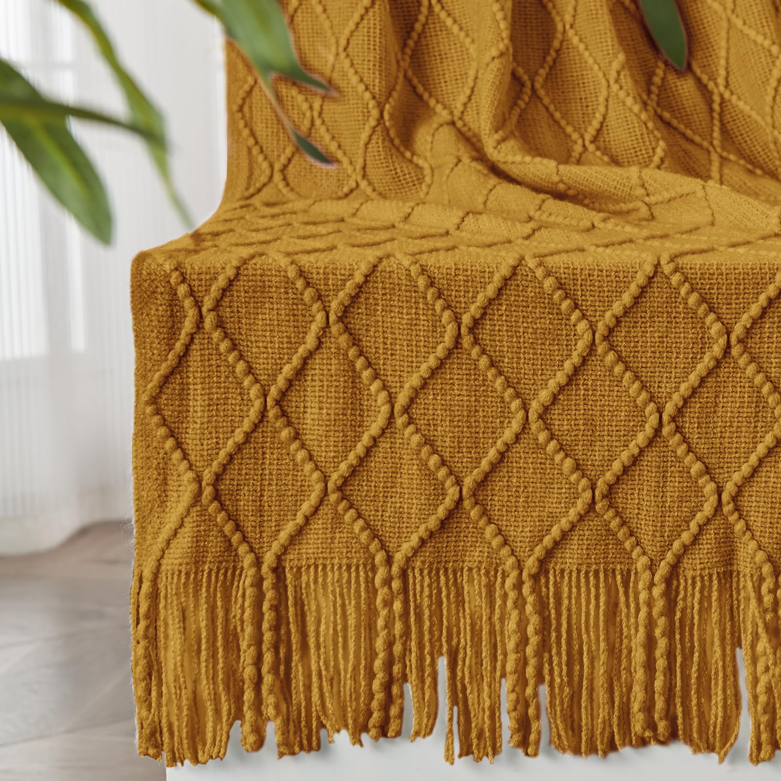 inhand Knitted Fall Throw Blanket for Couch and Bed, Knit Fall Decor Halloween Blanket with Tassel, Brown Lightweight Decorative Farmhouse Warm Woven