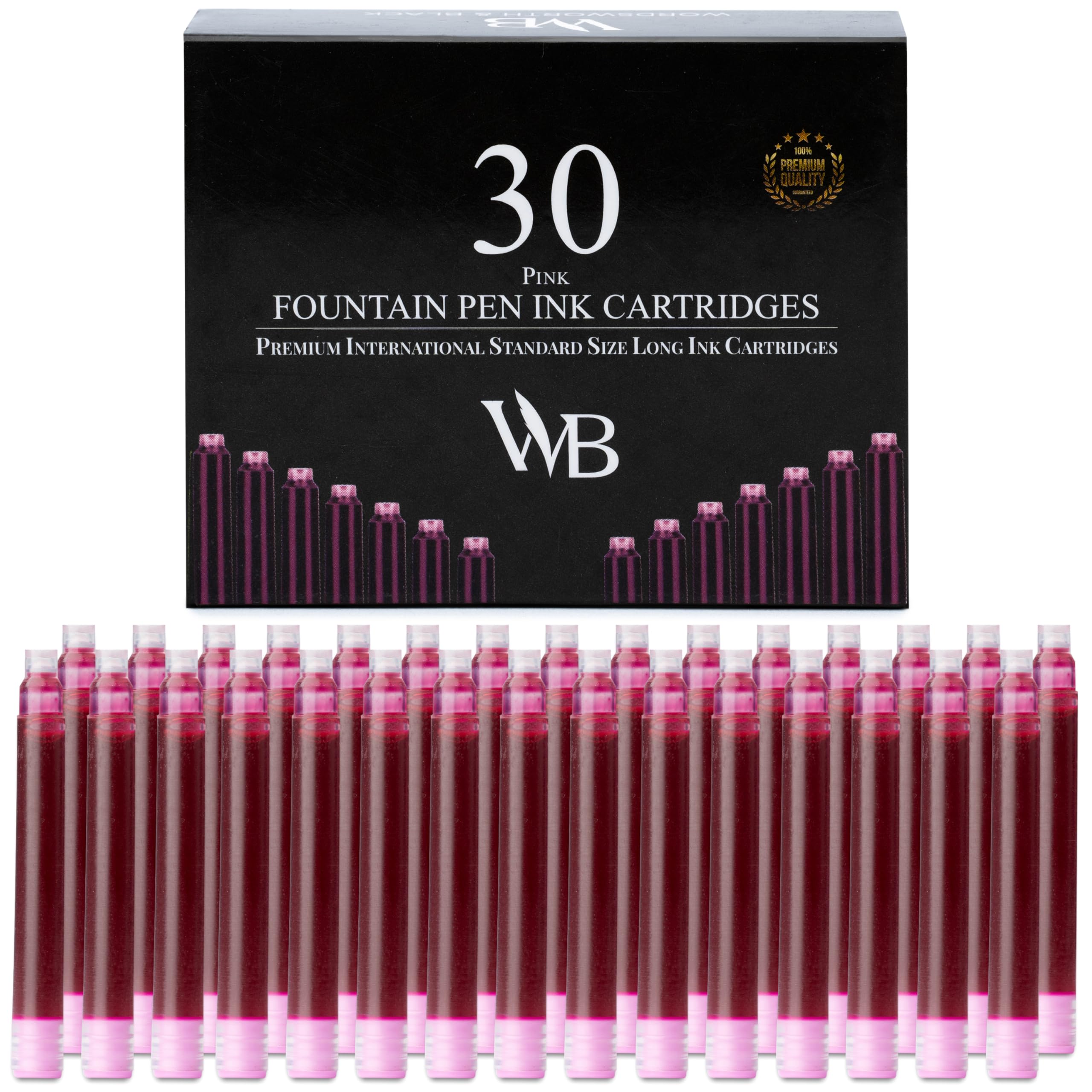 Wordsworth & Black Fountain Pen Ink Refills, Set of 30 Pink Ink Cartridges, International Standard Size, Length APPR 2.3"