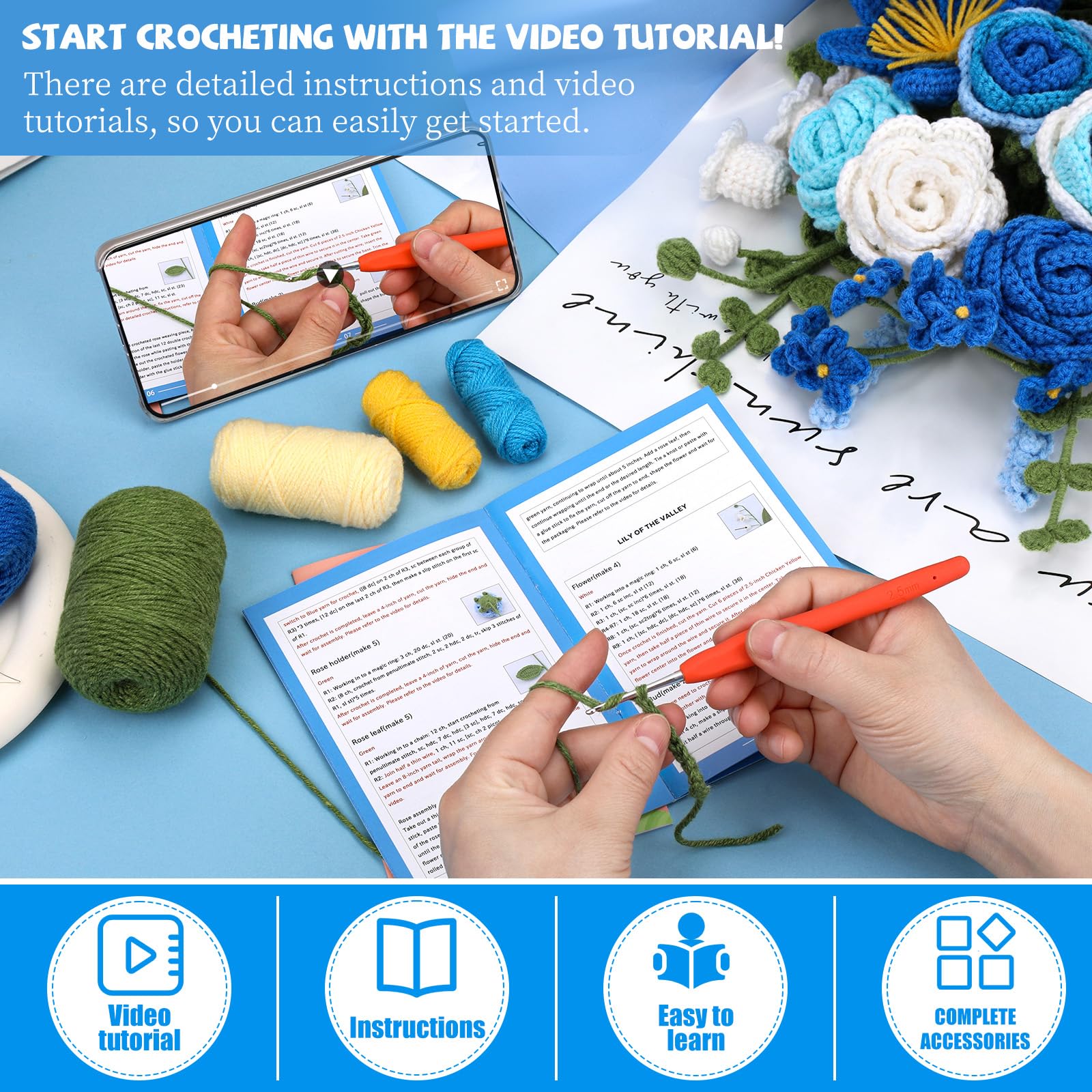 ENCHOL Crochet Kit for Beginners Adults Blue Rose Bouquet Beginner Crochet Kit - Image 3
