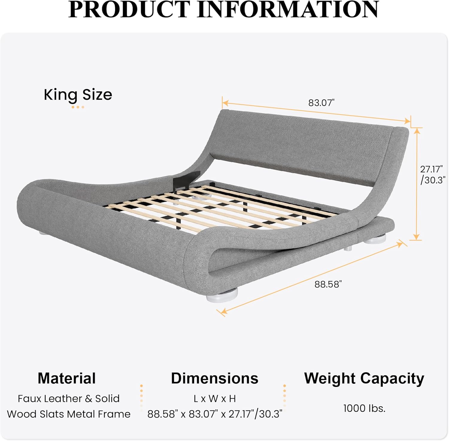 SHA CERLIN King Size Upholstered Bed Frame, Deluxe Low Profile Sleigh Bed with Linen Ergonomics Headboard, No Box Spring Needed & Easy Assembly, Grey
