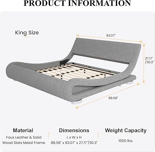Miniatura 2 de SHA CERLIN Base de cama tapizada tamaño King, cama de trineo de perfil bajo deluxe con cabecera ergonómica de lino, no necesita somier y fácil