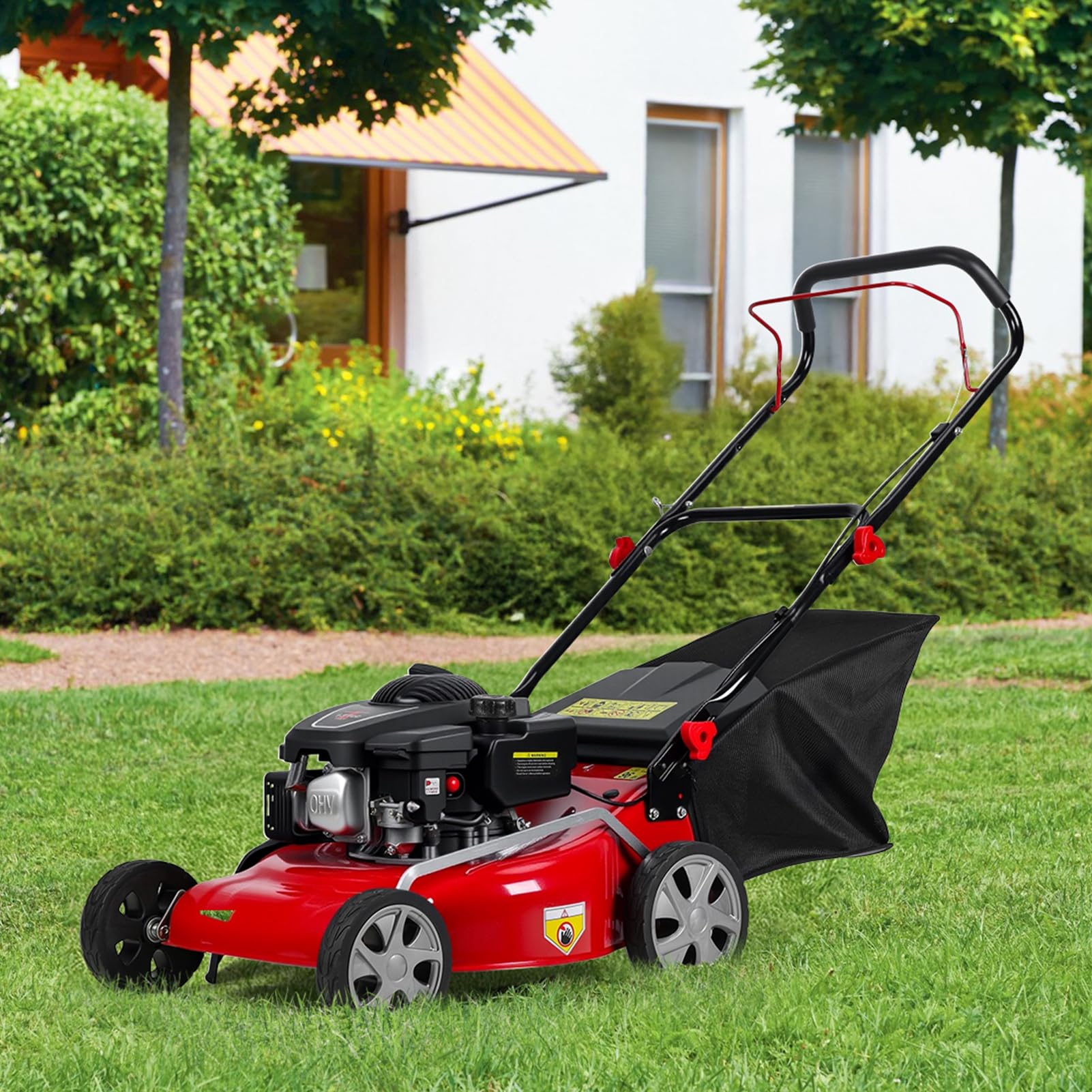 Cortacésped de gas autopropulsado plegable con motor de 4 tiempos de 131 cc, 3 en 1 (bolsa/mantillo/descarga trasera), 8 alturas de corte, cubierta de acero duradero, sistema de refrigeración