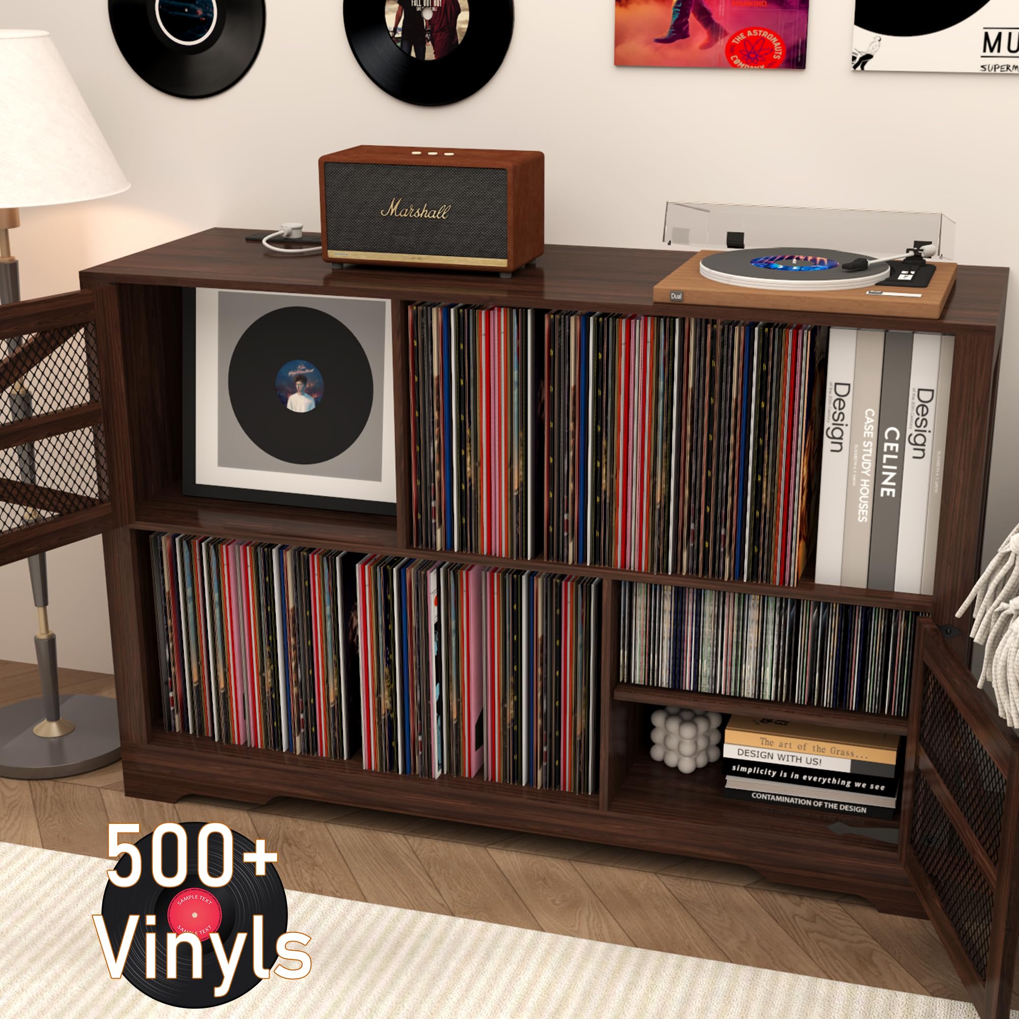 MDF Mueble para Discos de Vinilo con Acabado Nogal,Soporte para 500+ Vinilos, 2 Enchufes & 2 USB, Antivuelco, Mueble Compacto para Salón y Tocadiscos,Color Nogal（120×40×80cm）