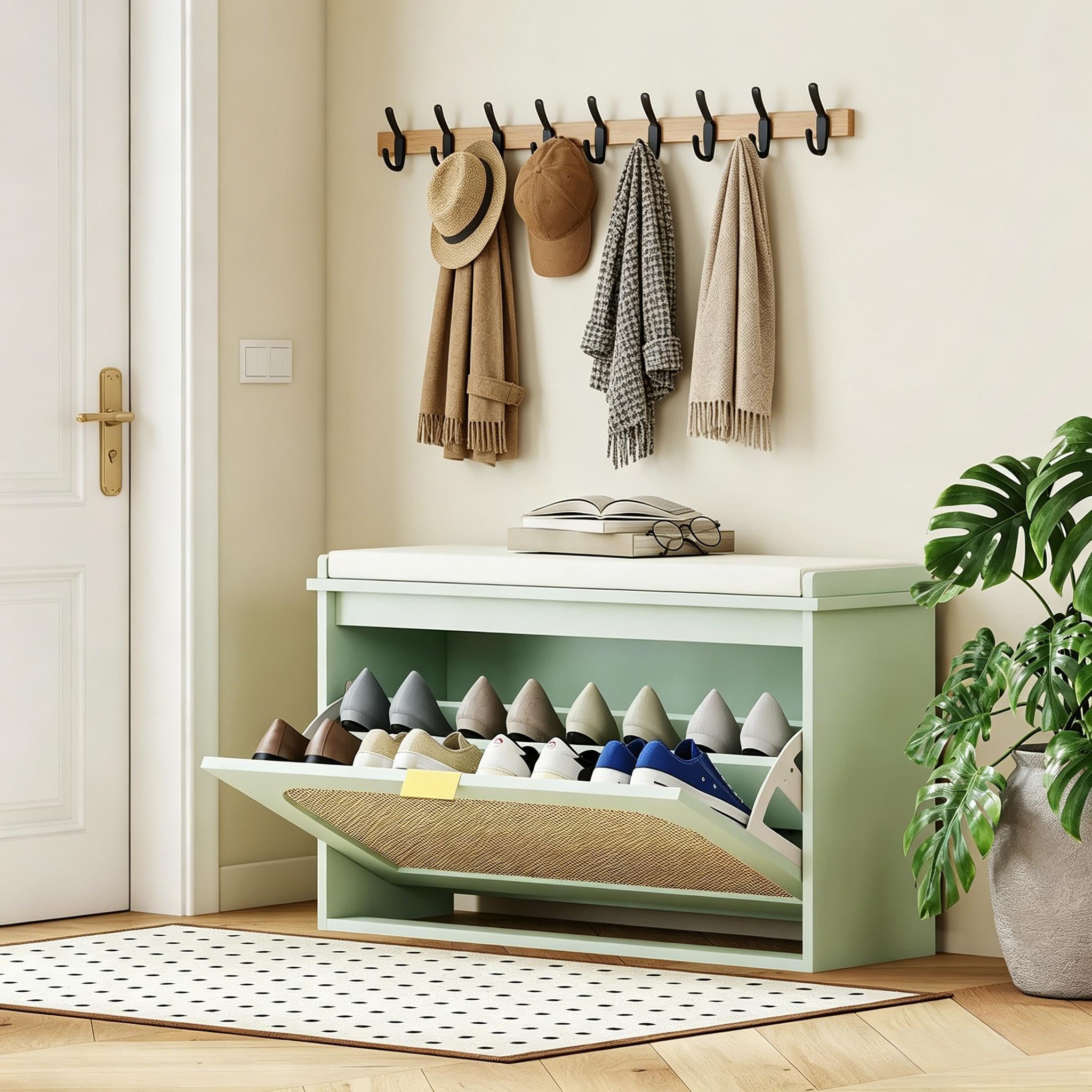 Zapatero de 80 cm, acolchado y compartimento plegable, verde, estrecho, estable, moderno