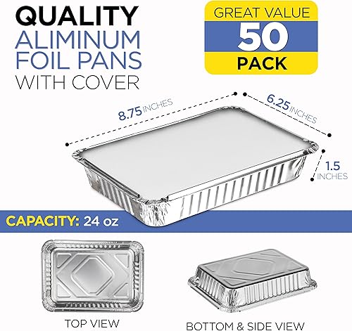 Miniatura 2 de Paquete de 25 sartenes desechables de papel de aluminio de tamaño medio de 13 x 10 pulgadas con tapas planas 1 galón