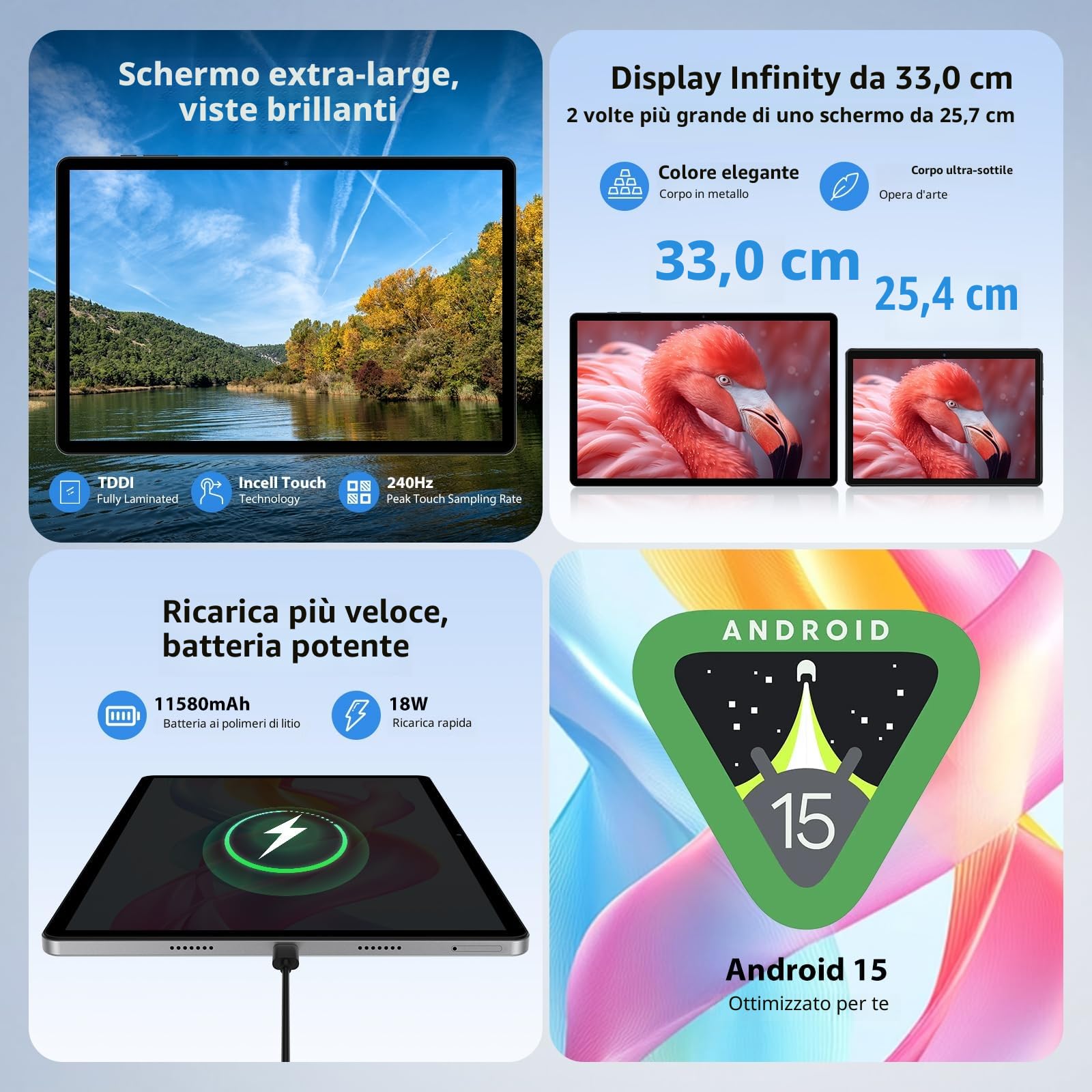 Tablet 13 Pollici Android 15 con Octa-Core 2.2GHz/36GB RAM+512GB ROM(TF 2TB) Dual SIM 4G LTE+5G WiFi, 11580mAh/18W PD/2944x1840 FHD/Widevine L1/13MP/BT5.0/GPS, Con Tastiera/Mouse/Grigio