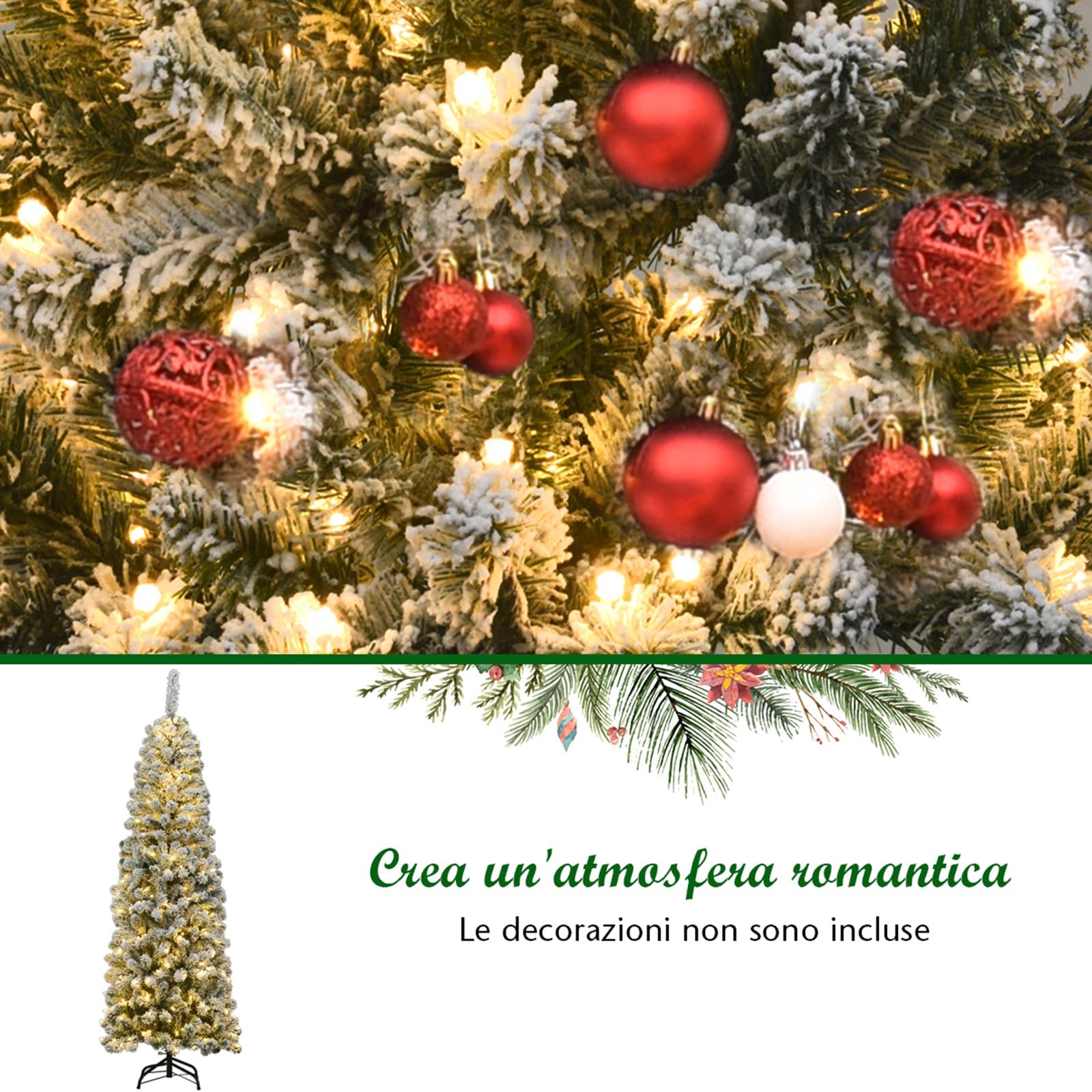 COSTWAY Albero di Natale Slim 135/180/225 cm, Albero di Natale Innevato con 150/250/350 Luci LED, 242/500/641 Rami e Base di Metallo, Decorazione Natalizia per Casa e Negozio (180 CM)