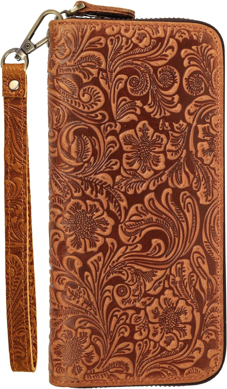 GUZUHUKU Vintage Embossed Zipper Wallet, Womens Wallets Large Capacity Detachable Wrist Strap Clutch Purses Perfect for Travel and Dating