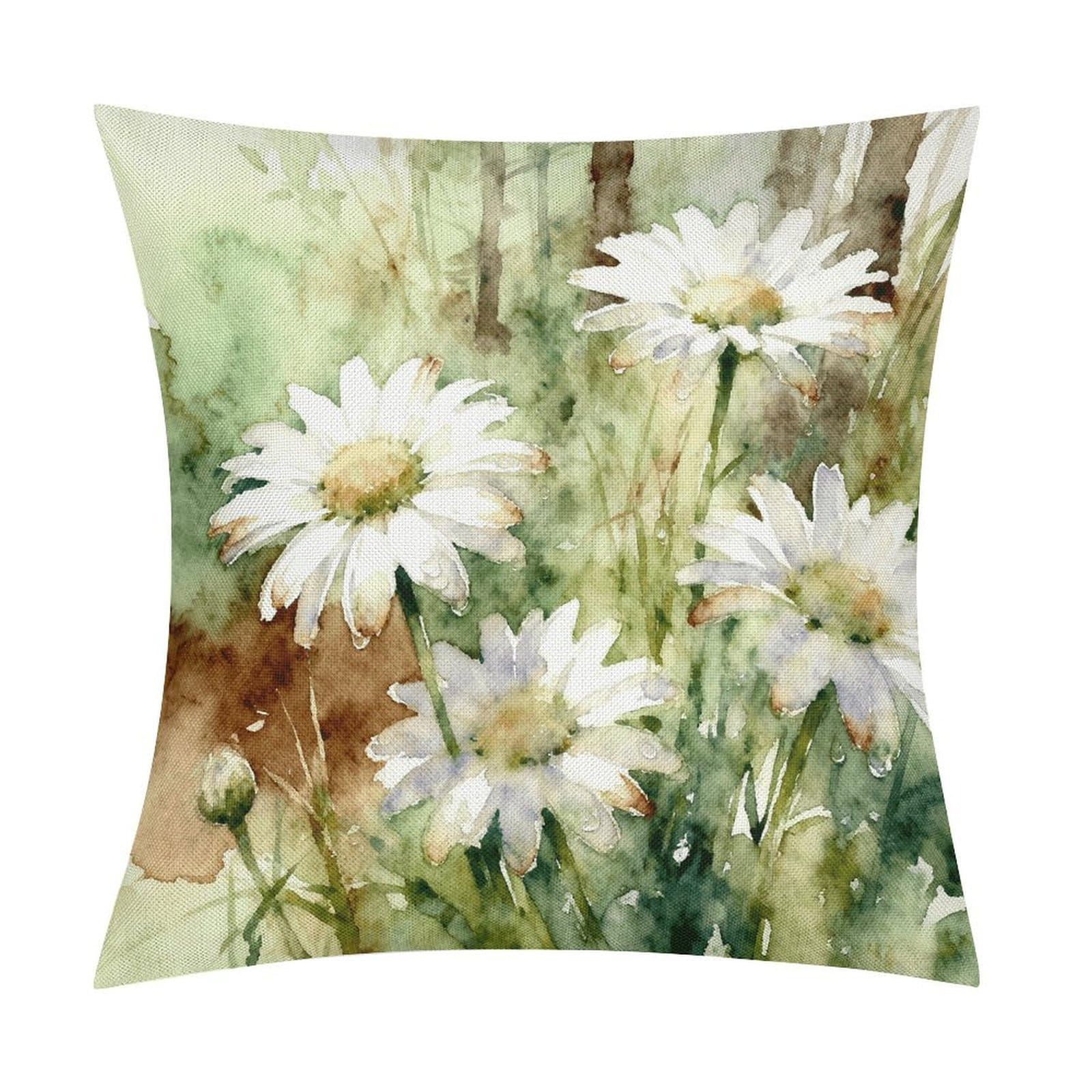 LZQPOEAS Daisies Wildwood Floral Throw Pillow Covers, Waterproof Faux Linen Pillow Cases with Invisible Zipper, Decorative Square Cushion Covers for Sofa Couch Living Room Bedroom 18x18 Inch