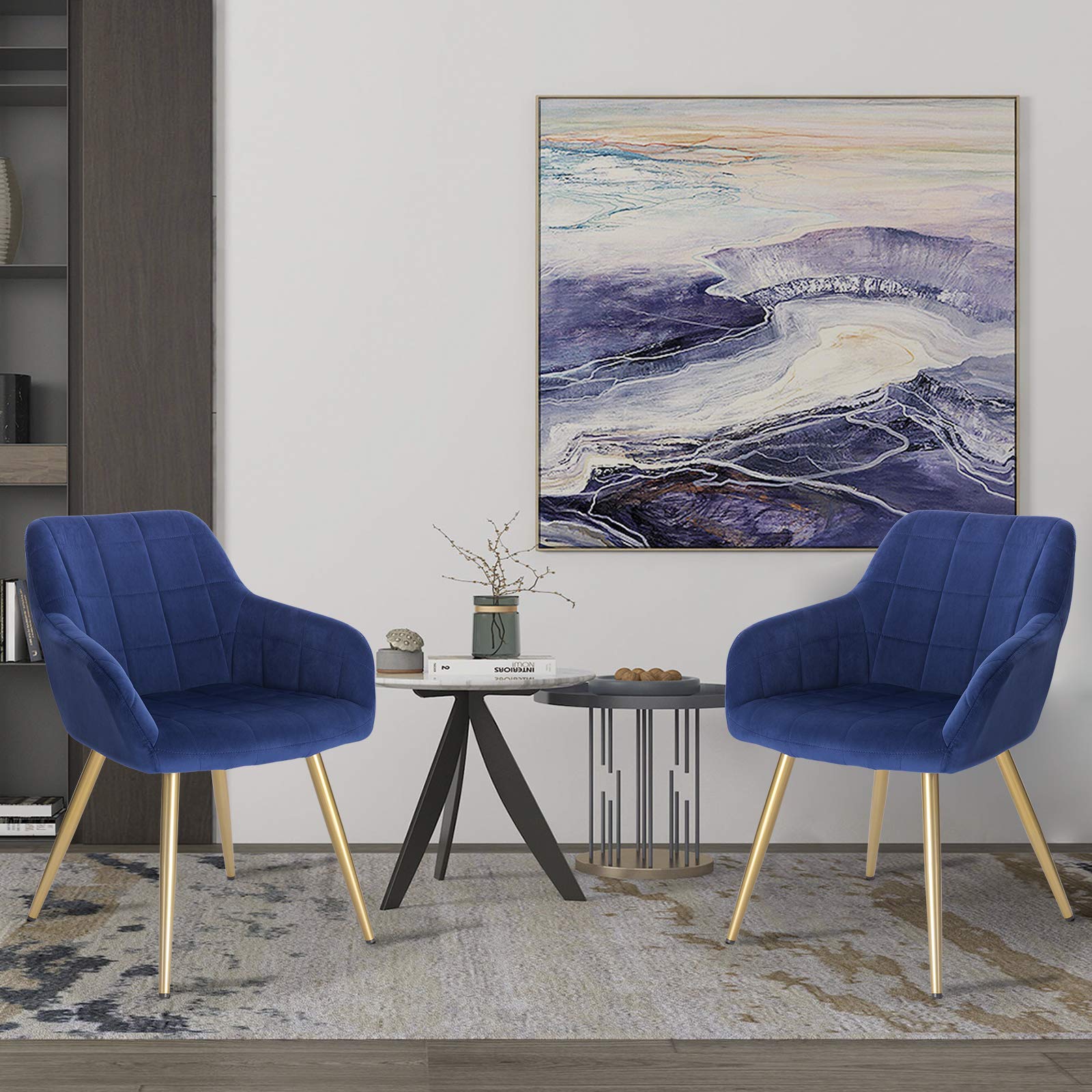 WOLTU Juego de 2 Sillas de Comedor, Sillas de Cocina de Respaldo Medio, Asiento Acolchado de Terciopelo, Estructura de Metal, Adecuadas para Comedor, Cocina, Salón y Dormitorio, Azul+Oro