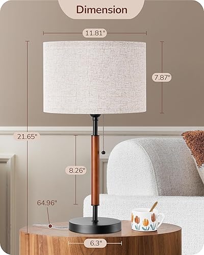 Miniatura 6 de EDISHINE Juego de 2 lámparas de mesa de mediados de siglo, lámpara de noche con interruptor de cadena, pantalla de lino, poste de madera maciza y