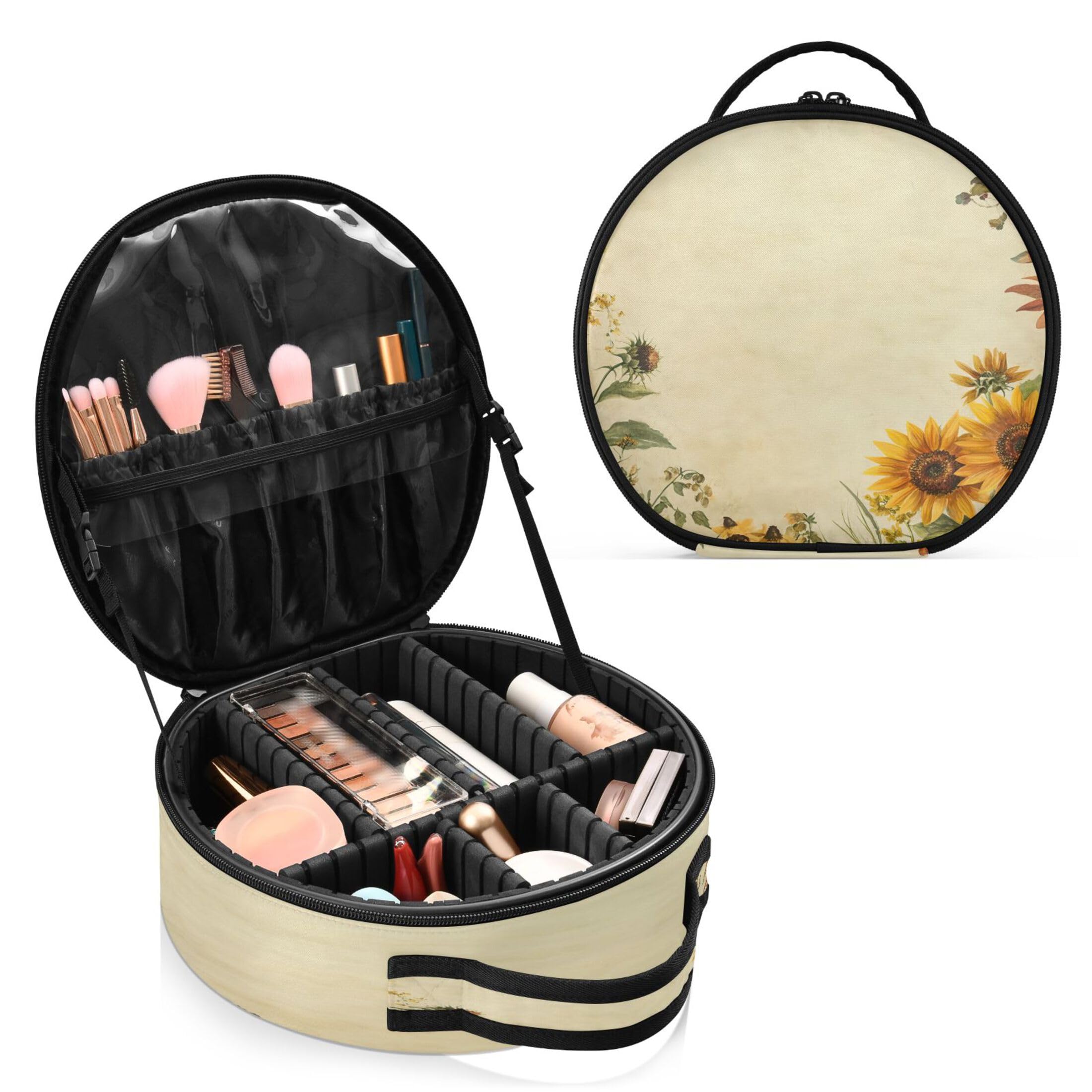 Takiito Vintage Sunflowers Travel Makeup Case Portable Makeup Box Artist Cosmetic Case Organizer With Adjustable Dividers
