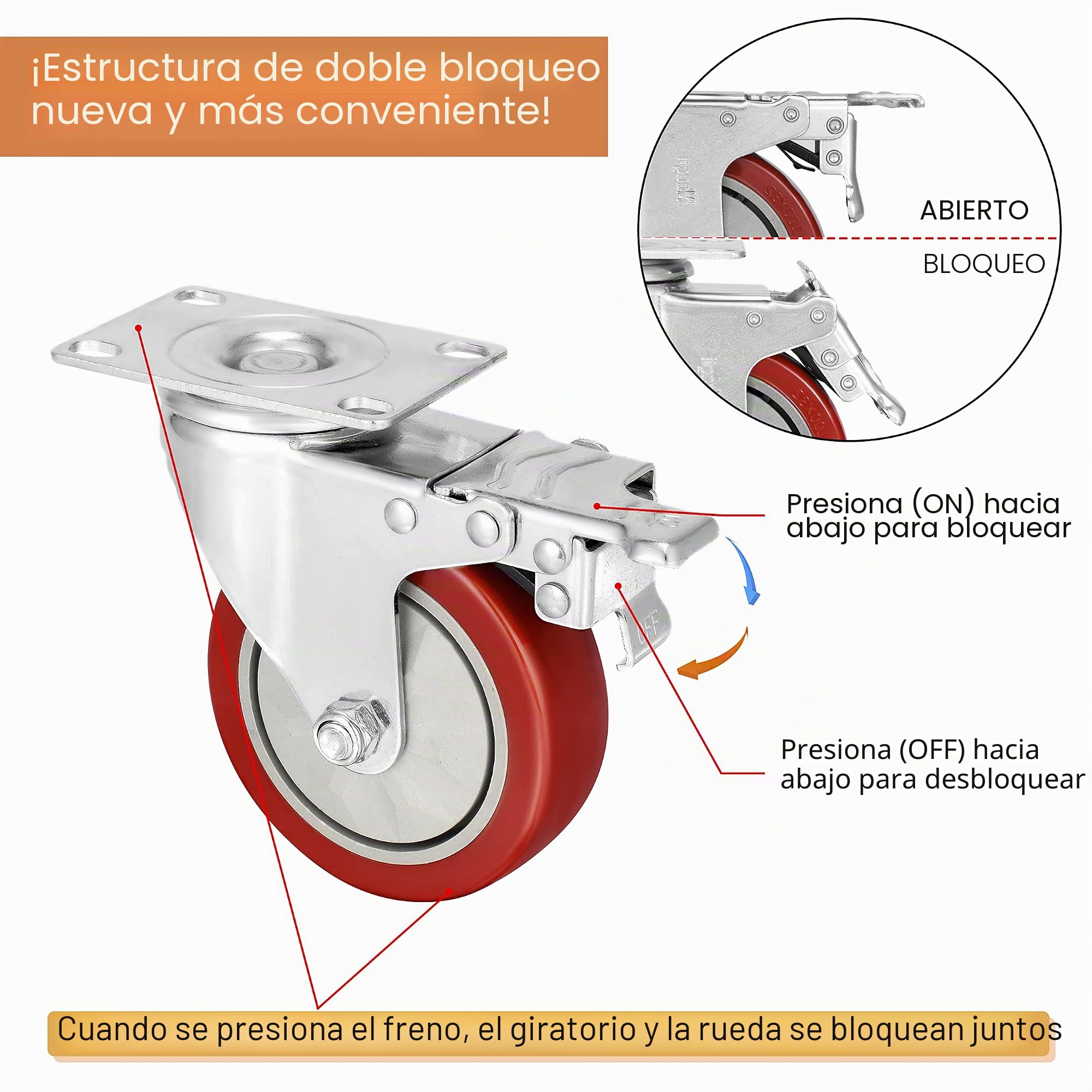 Ruedas para Muebles Pesados con 4 Freno + Tornillos - 100 mm Hasta 800 kg - 4 Ruedas que No Dejan Marcas de Alta Resistencia - Ruedas Giratorias para Palets Engomadas