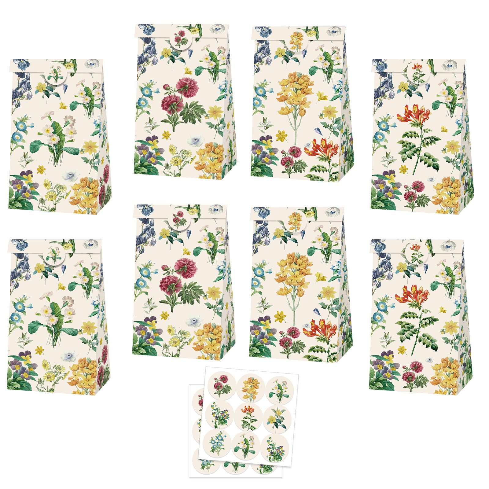 MORAINJAY 12 Pcs Floral Party Bags, Vintage Flower Paper Gift Bags, Botanical Theme Favor Goodie Bag, Birthday Wedding Party Supplies Decorations, with 18 Stickers