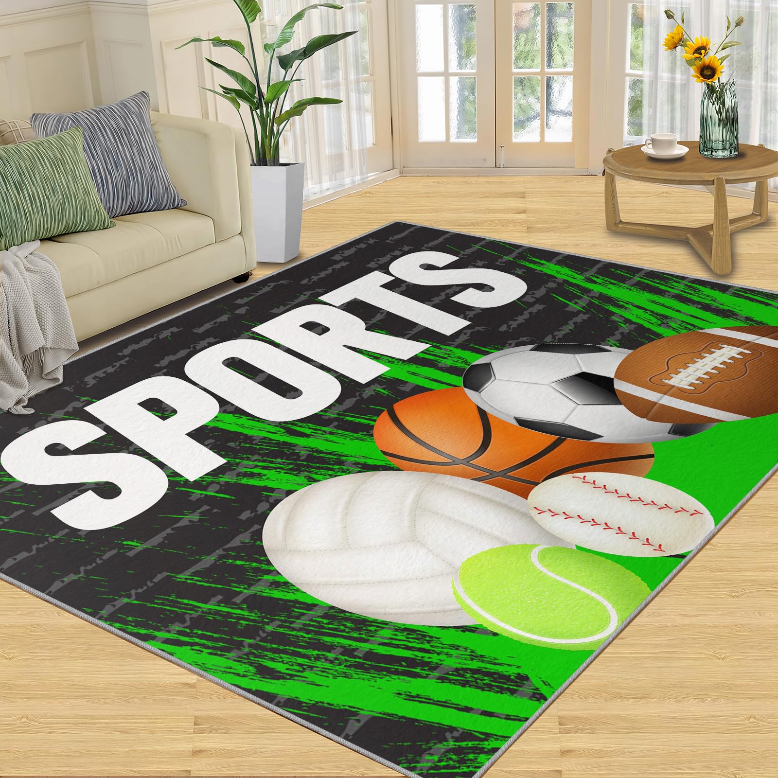 QDJKBL Cartoon Basketball Football Sports, Washable Rug 150 X 240 Cm 3D Black Green Geometric Graffiti Indoor Rug, Carpet Mat Soft Feel for Hardwood Floors