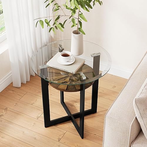 Miniatura 1 de Mesa auxiliar redonda de vidrio negro de 2 niveles, mesa auxiliar circular para sofá con vidrio templado de 0.315 in, mesa de noche transparente con