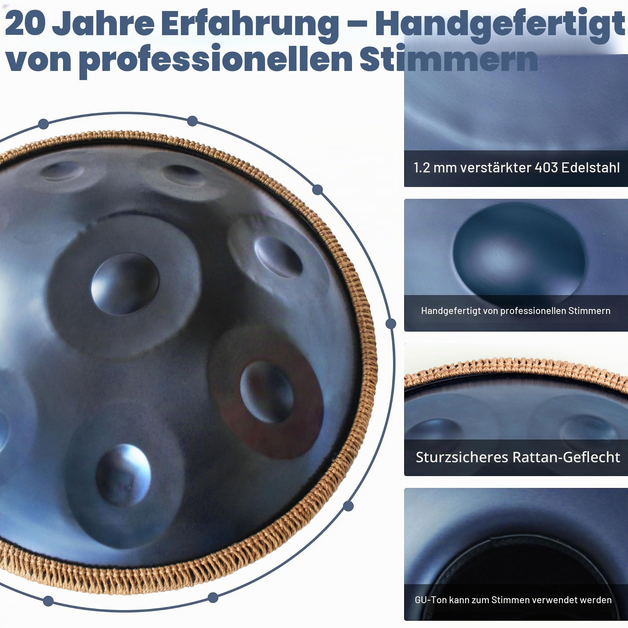 Handpan Trommel Premium Handpan Instrument für Erwachsene und Anfänger - 432Hz 18 Zoll 9 Töne D-Moll Kurd(Blau)