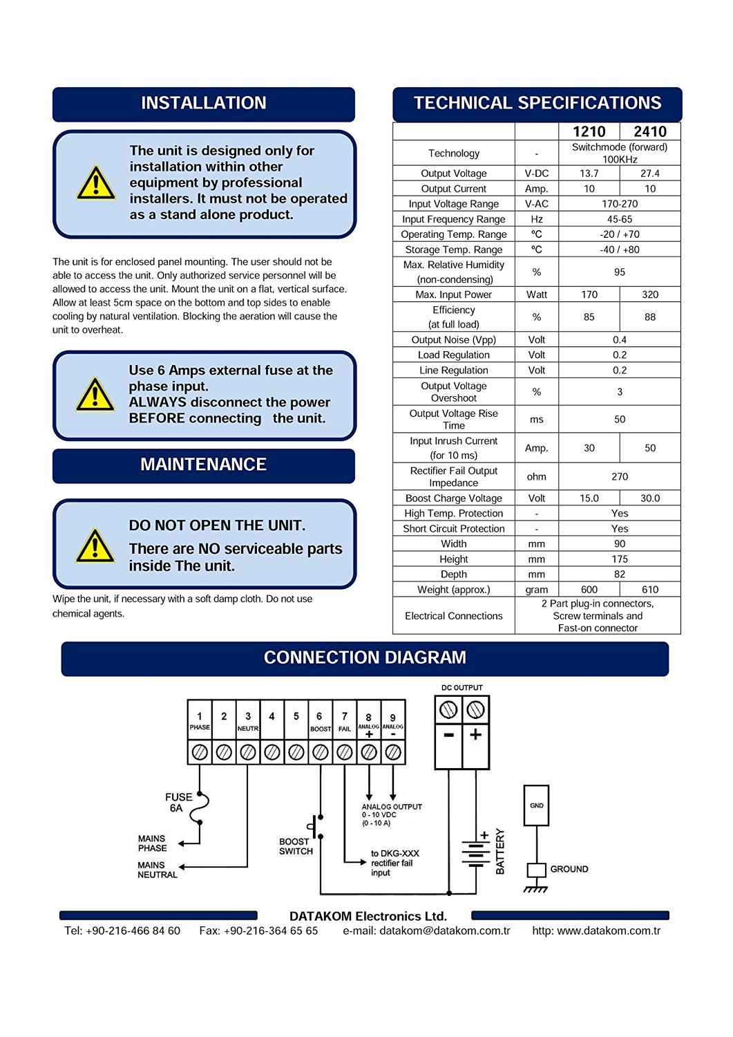 DATAKOM SMPS2410 Generator Battery Charger / 24V/10A DC Power Supply