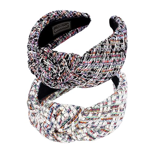 Miniatura 5 de QIANXUAN Diademas de tela negra para mujer, diademas anudadas para mujer, diadema de nudo superior, a cuadros, elegante, de tela de sarga de lana,