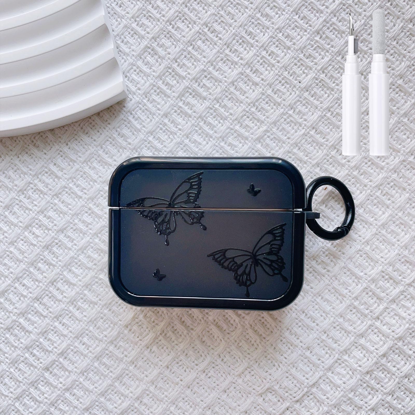 Hidysfas Compatible with AirPods Pro 2 Case Soft TPU with Cleaner Kit Butterfly Keychain Cover for Girls Boys Airpods Pro 2nd Generation-Black Style 2