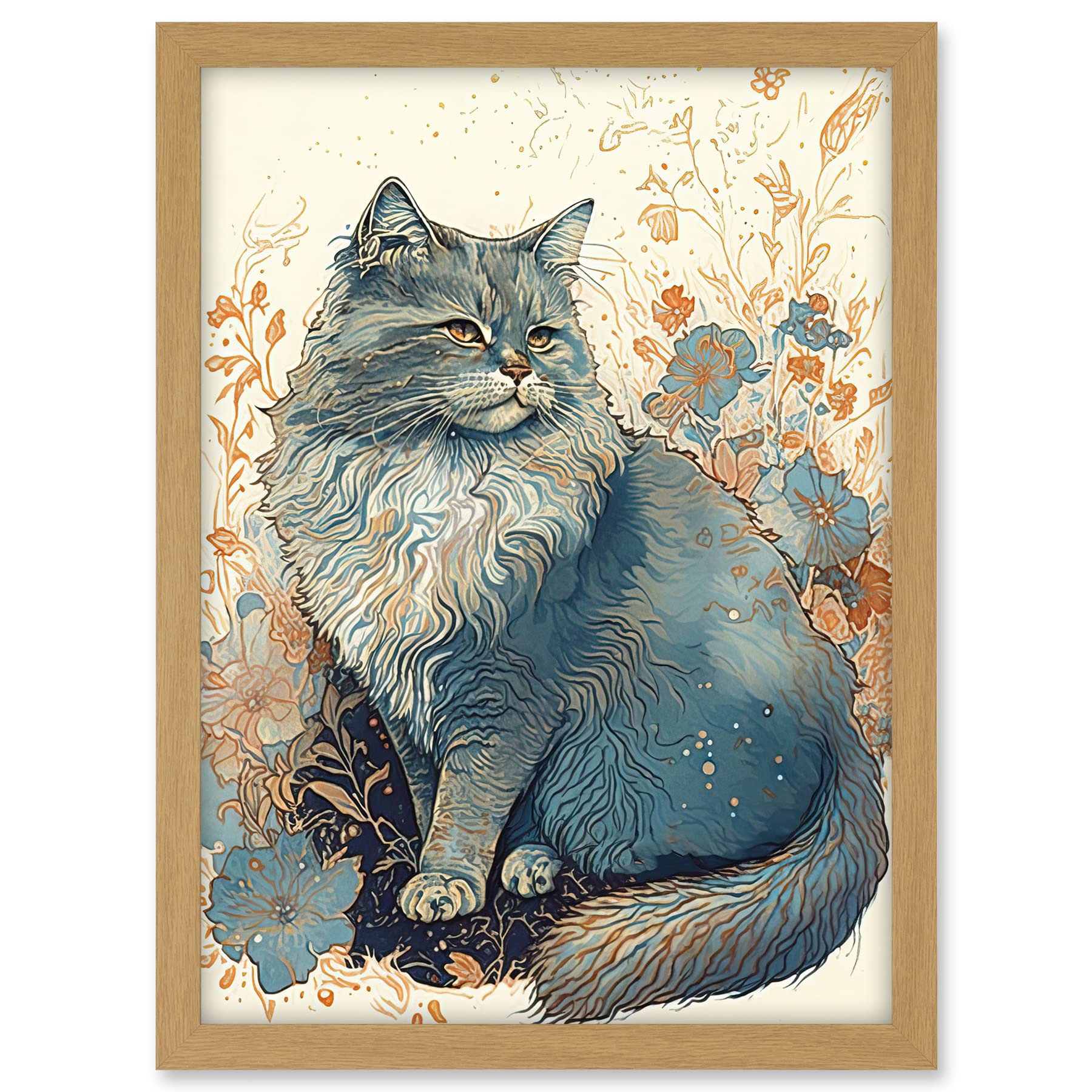 Artery8 Fluffy Cat in Wildflowers Teal and Orange Watercolour Illustration Artwork Framed A3 Wall Art Print