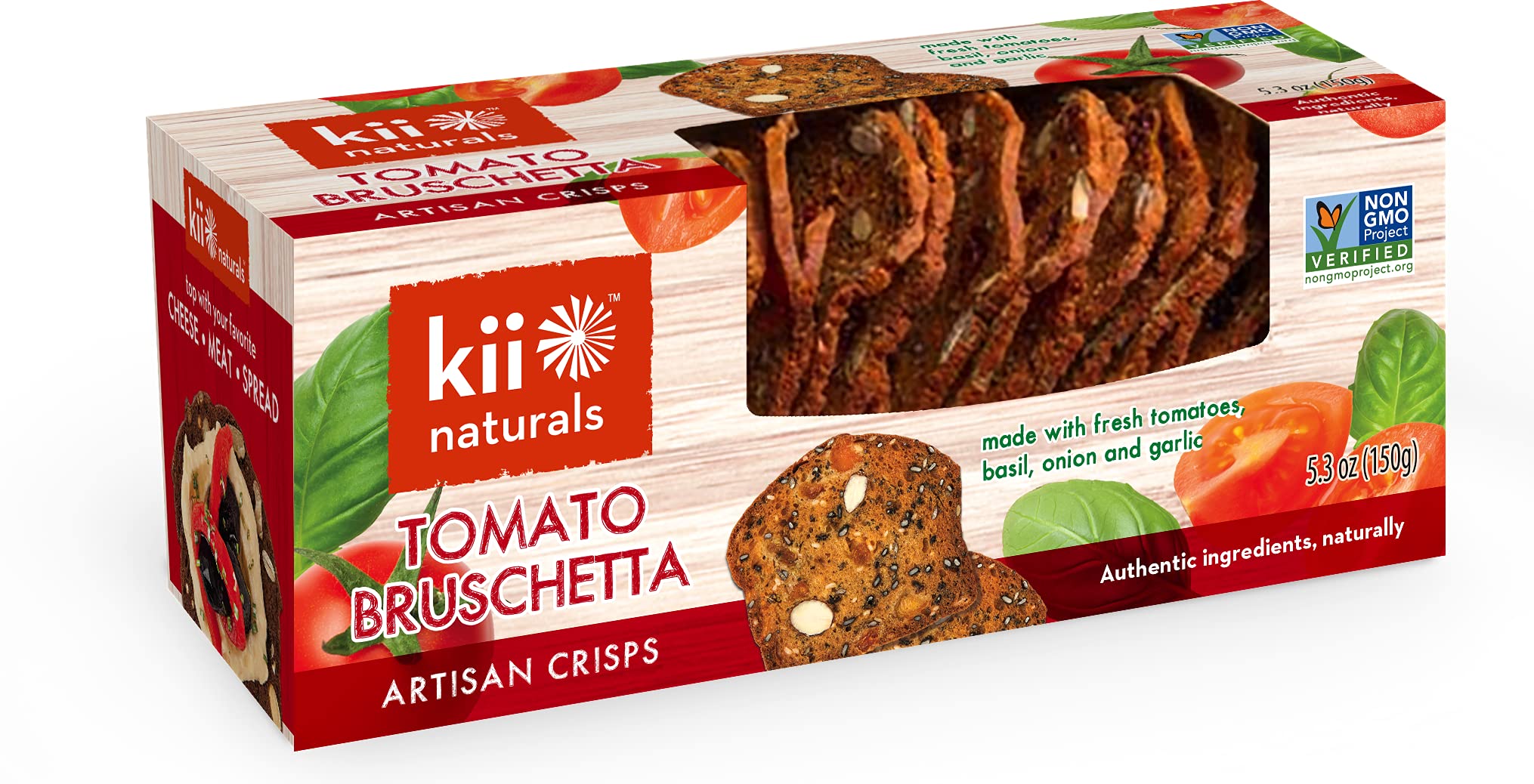 Kii Naturals Artisan Crisps, Healthy Snack Crackers for Cheese, Meats, Spreads, Charcuterie Board - Non-GMO, Kosher, No Preservatives, Hand-Crafted – Tomato Bruschetta, 5.3 Ounce (Pack of 1)