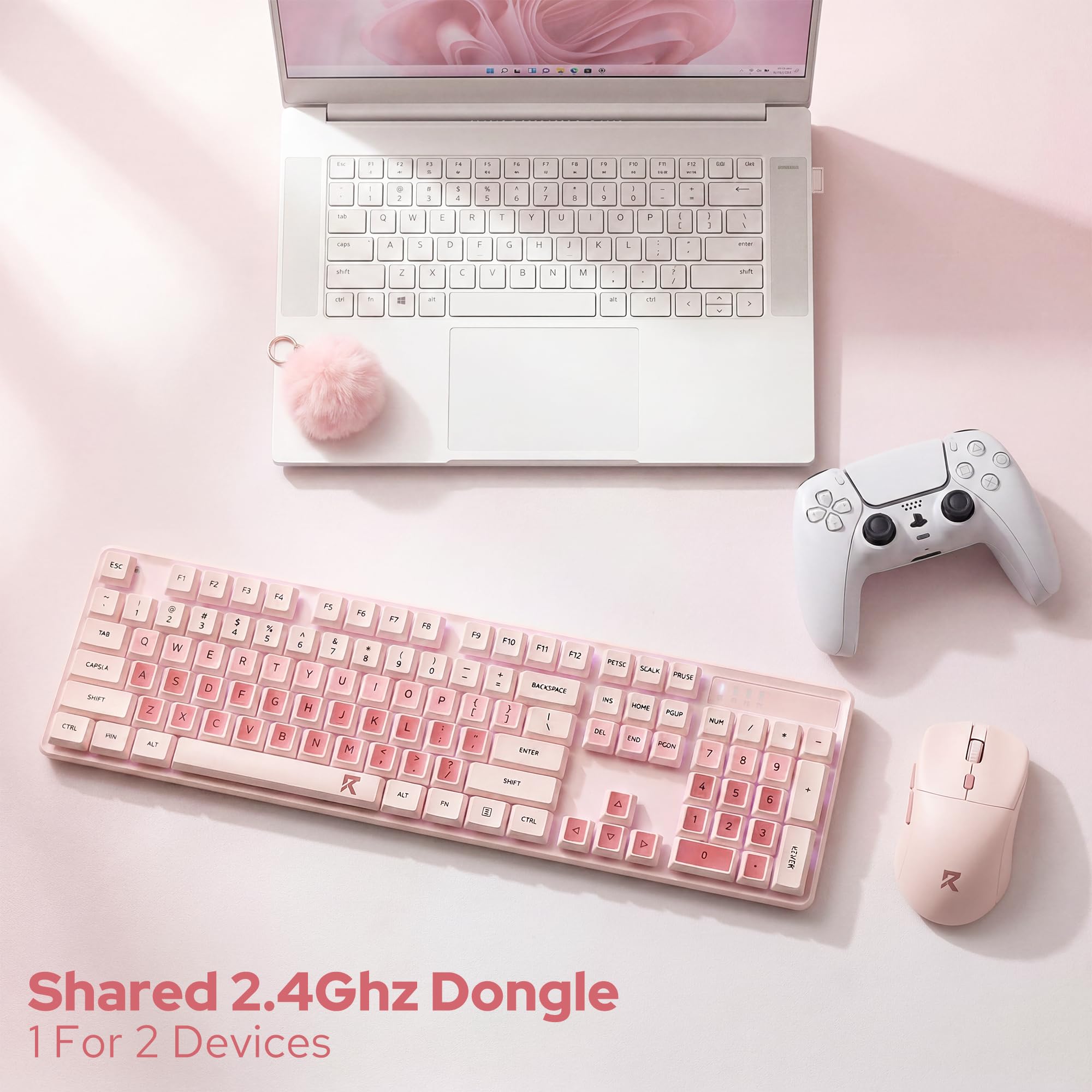 Redragon BS8531 Combo Teclado Ratón Inalámbrico 4000 dpi Rosa | Teclas Planas Mecánicas LED Blanco 3 Tonos Diseño Ergonómico Conexión 2.4 GHz