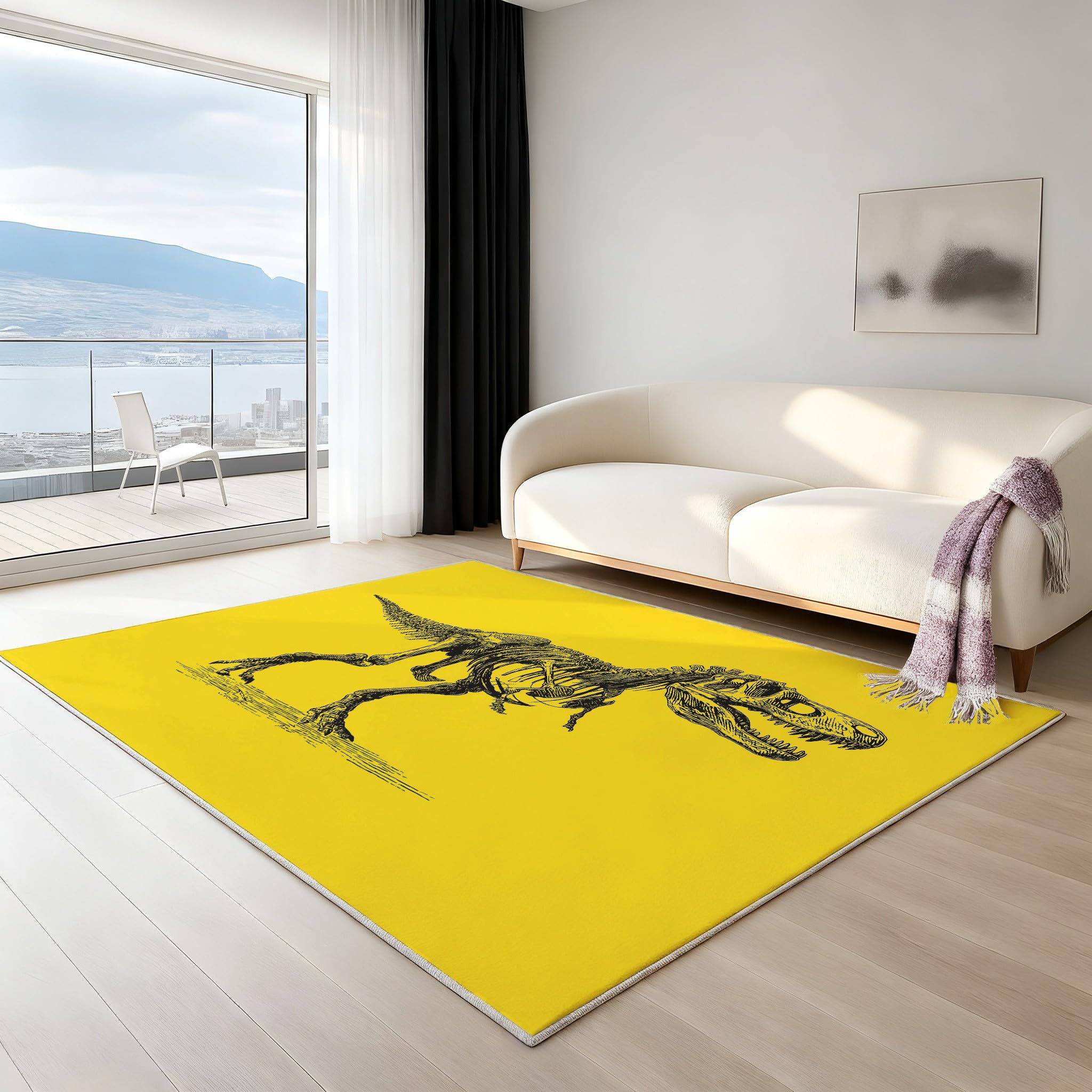 Manga komiks minimalistyczny antypoślizgowy dywan do salonu 120 x 160 cm oryginalne zwierzę, musztardowy żółty szkielet dinozaura wytrzymały dywan dekoracyjny, miękki dywan z krótkim włosiem do