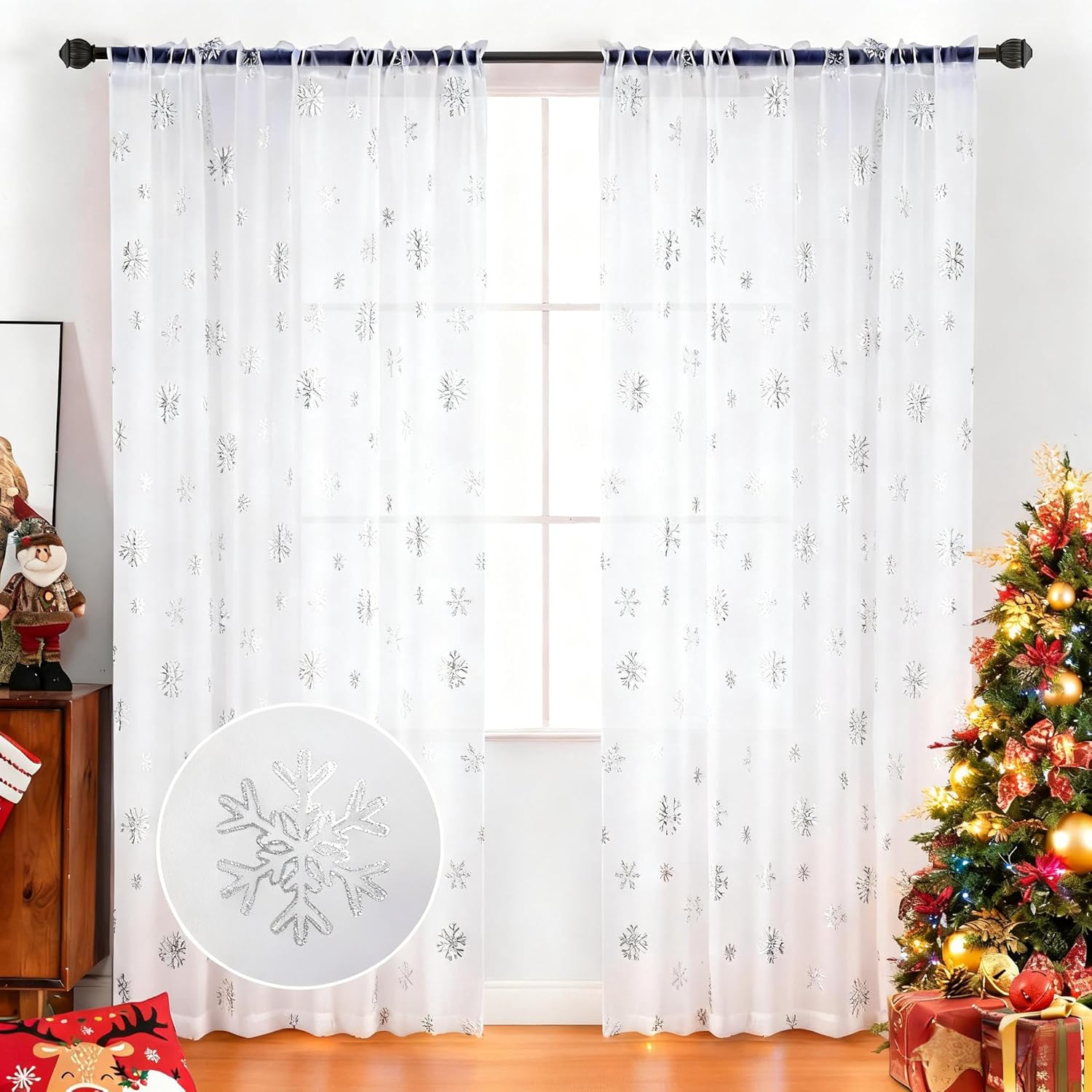 MikiUp Christmas Snowflakes Sheer Curtains, Silver Foil Printed Semi Sheer Drapes, Rod Pocket Xmas Decoration Window Treatment Panels for Bedroom Living Room, White 52 x 84 inch