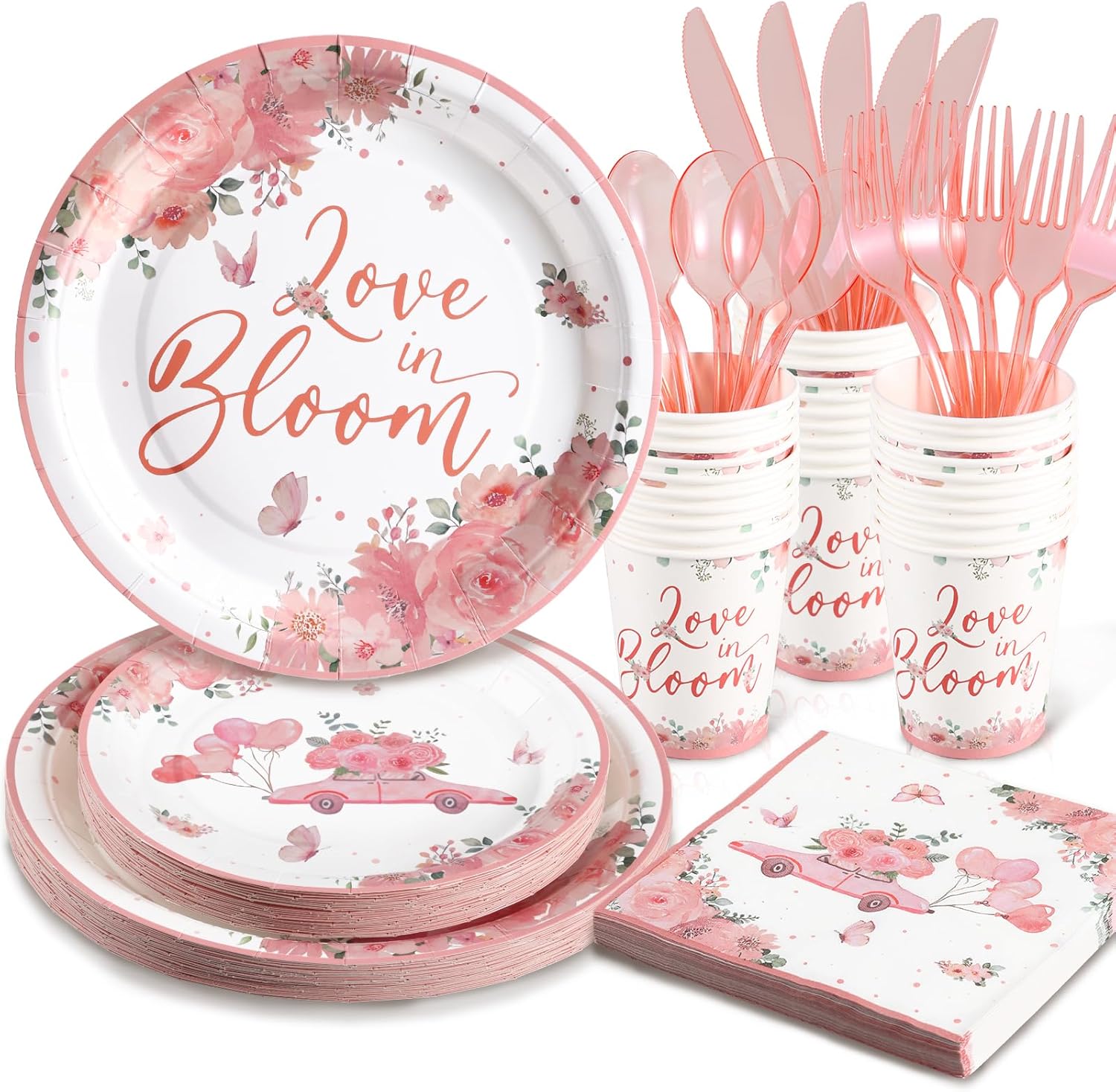 Floral Paper Plates Party Supplies 168PCS Bridal Shower Plates and Napkins Set Disposable Serve 24 Guests, Burgundy Flower Plates Disposable for Women Birthday Party Decorations
