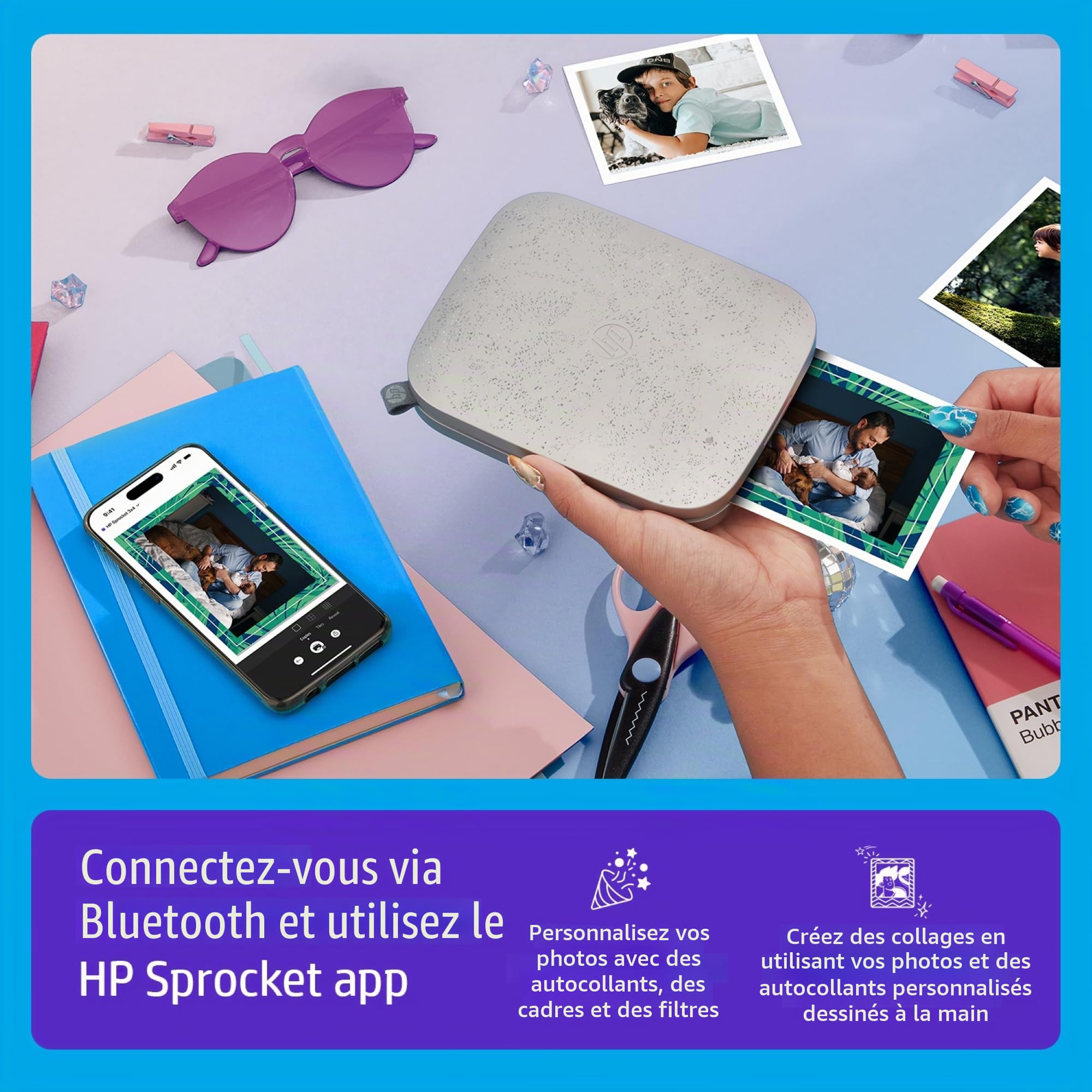 HP Sprocket Imprimante Photo Portable 3x4 (8,9 x 10,8 cm) Impression instantanée de Photos et création de scrapbooks avec Papier adhésif Zink, Blanc.