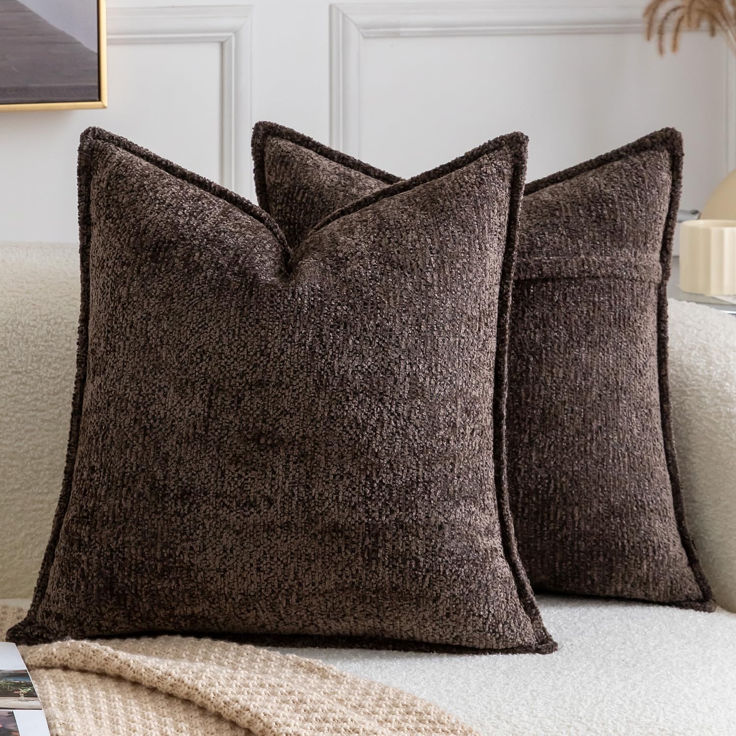 Madizz Pack of 2 Decorative Cushion Covers Boho Soft Textured Chenille Throw Pillows Solid Pillow Covers for Couch Sofa Bedroom Living Room 50x50 CM, Dark Brown