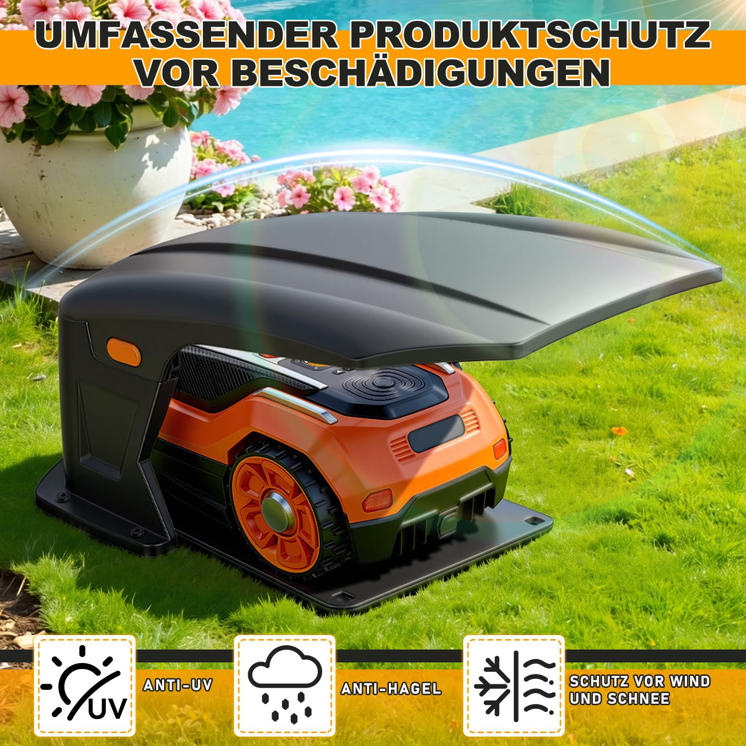 Hochklappbar Mähroboter Garage Kompatible Ladestationen Schutzüberdachung UV-Schutz 70.5x57x33cm