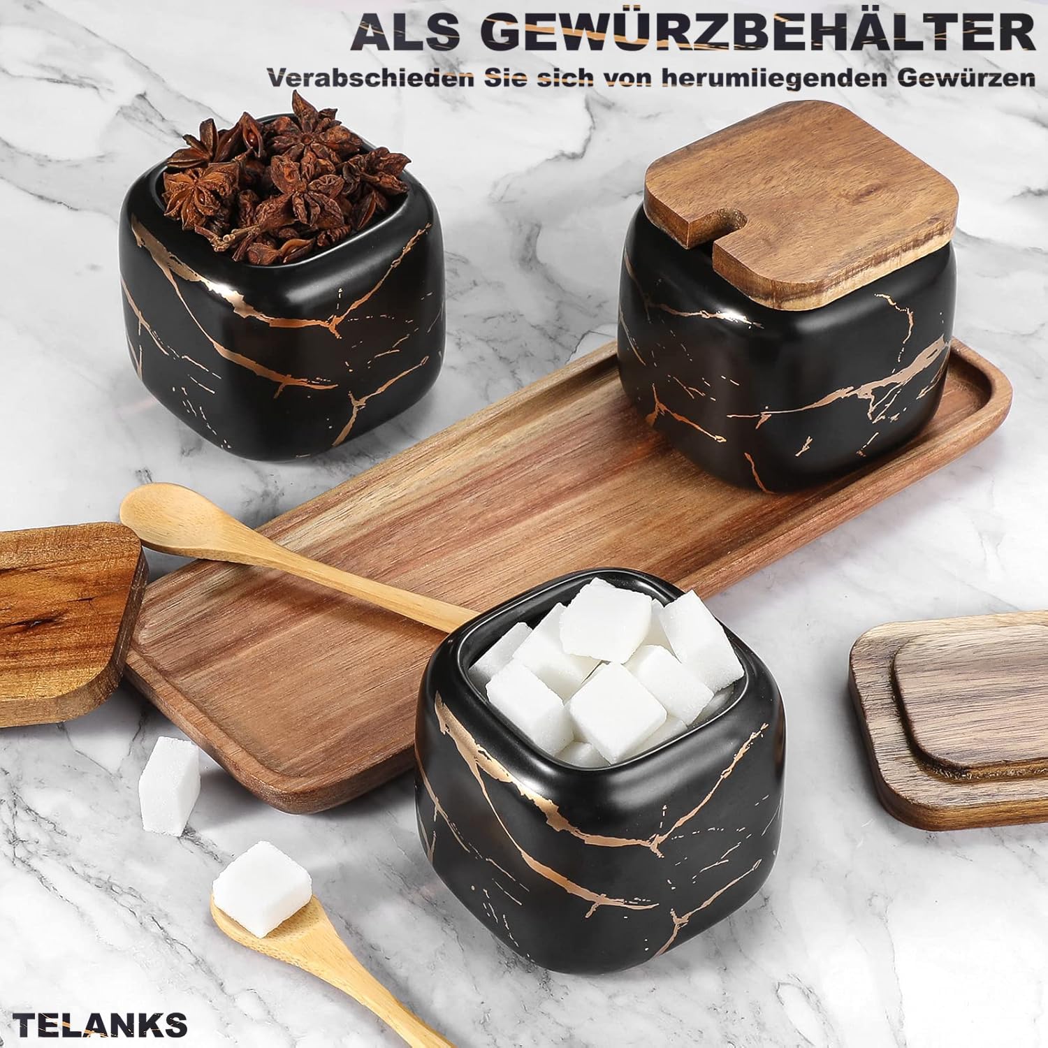 Juego de tarros especias, 3 unidades, azucarero cerámica con tapa y cuchara bambú para casa cocina, alternativa al especiero cocina mesa comedor, diseño mármol negro