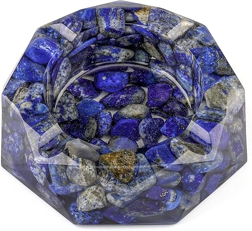 WarmHut Soporte para cenicero de resina para interiores y exteriores, diseño de lapislázuli, bandeja para cenizas de cigarrillos, piedras preciosas