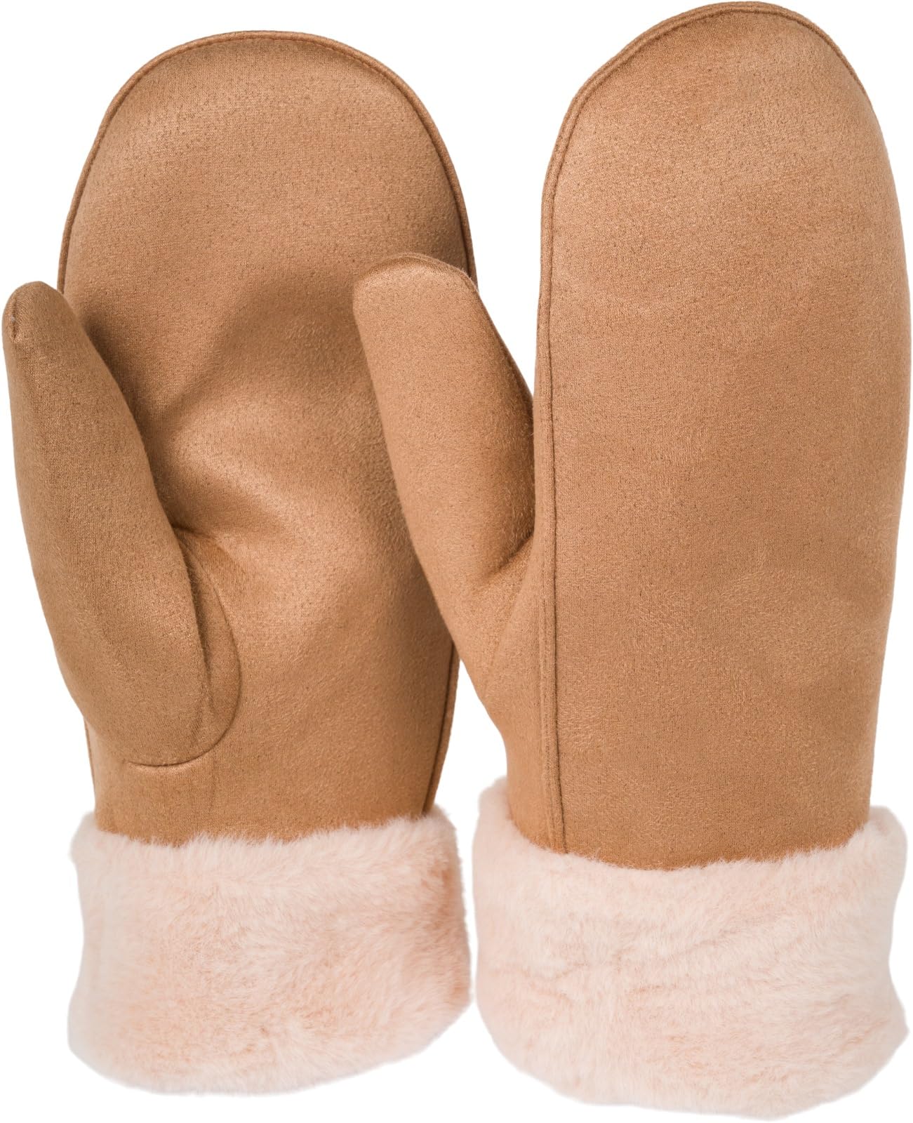 styleBREAKER Women's winter mittens in suede look with soft faux fur cuff - Warm mittens 09010048, Colour:Camel