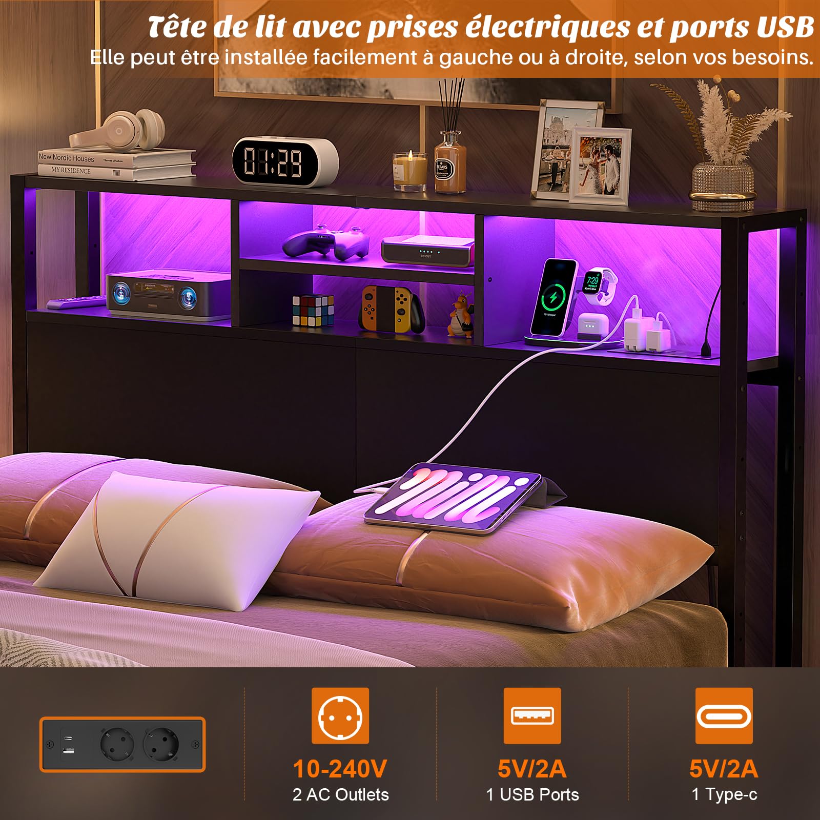 iSunirm Tête de lit avec étagères de Rangement 140 cm, Prises électriques, Ports USB et Pip-C, éclairage LED, Hauteur réglable, réversible, Robuste et Stable, Noire