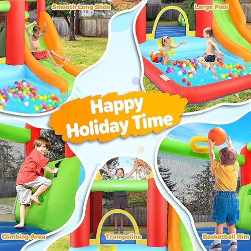 Miniatura 4 de Casa inflable para niños, casa inflable con soplador de aire, castillo animoso con tobogán, piscina, pared de escalada, área de rebote, piscina de