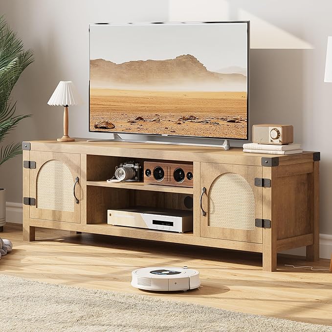 TV Stand for Living Room, 59" TV Console Cabinet with Rattan Door and Adjustable Shelves, Boho Entertainment Center, Media Console with 2-Tier Open Storage, Wood Television Stands, Natural