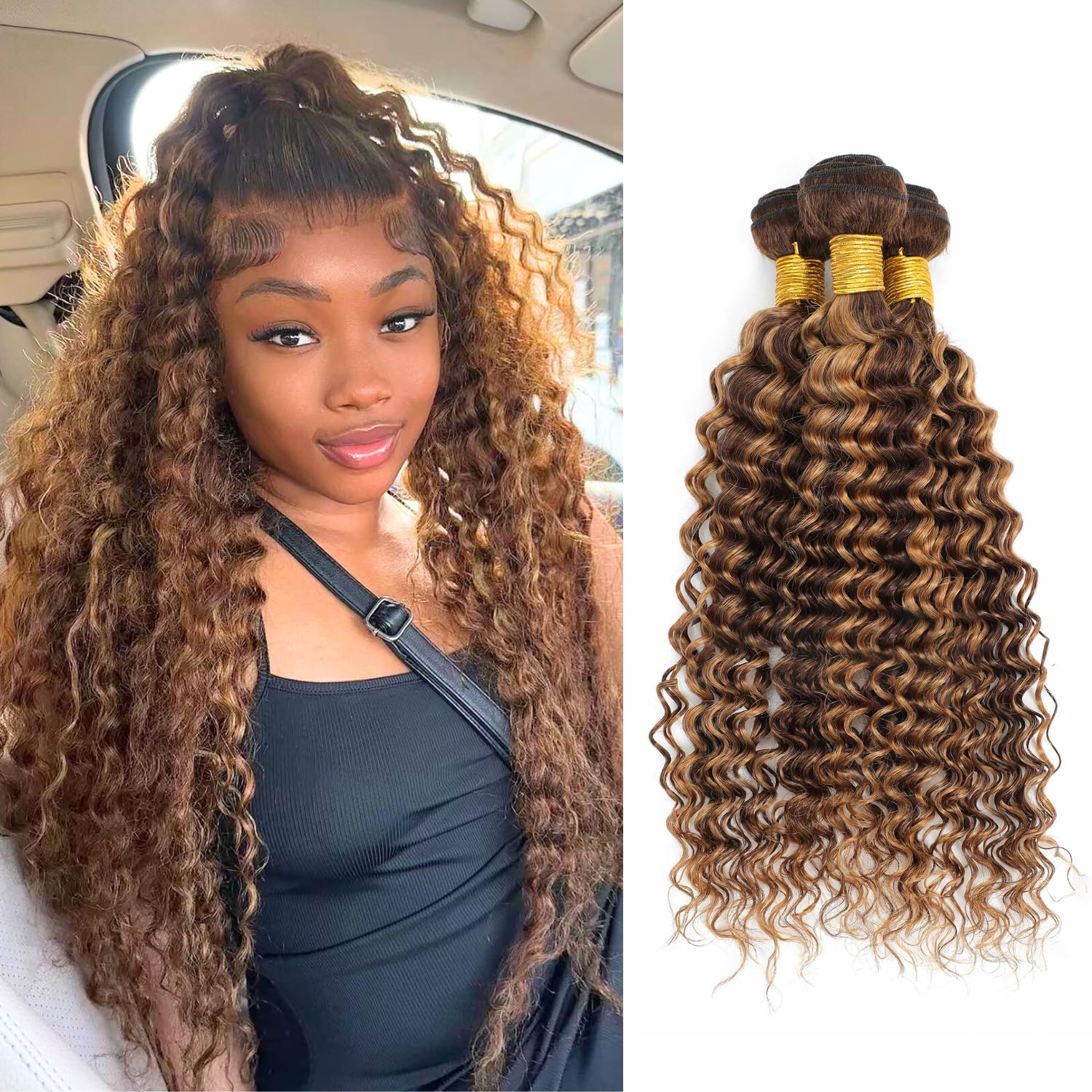 Honey Blonde Highlight Deep Wave Bundles Human Hair 18 20 22 In, 10A Ombre Brown Deep Wave 3 Bundles Human Hair Thick Tracks Weave 100% Virgin Remy Human Hair Curly Bundles 4/27 Sew In Extension
